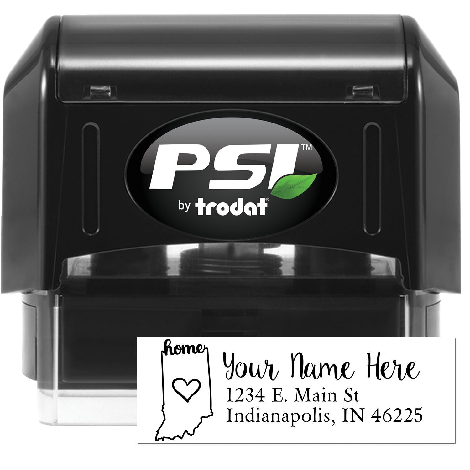 PSI Pre-Inked Personalized Indiana State Love Address Stamp featuring a black casing with a clear base. Includes a customizable address area with a heart and Indiana state outline design.