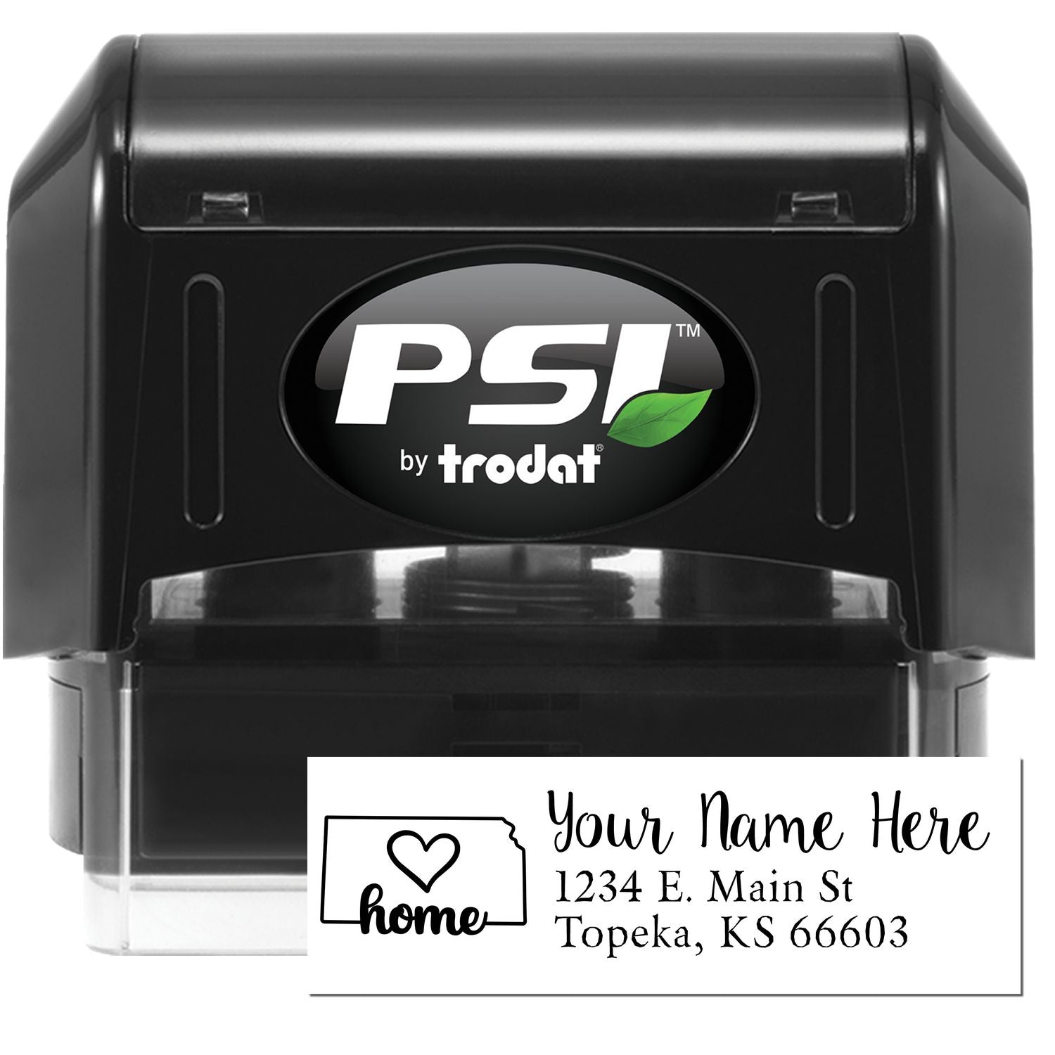 PSI Pre-Inked Personalized Kansas State Love Address Stamp, featuring a black casing and customizable address area with a heart and state outline design. Perfect for adding a personal touch to mail.