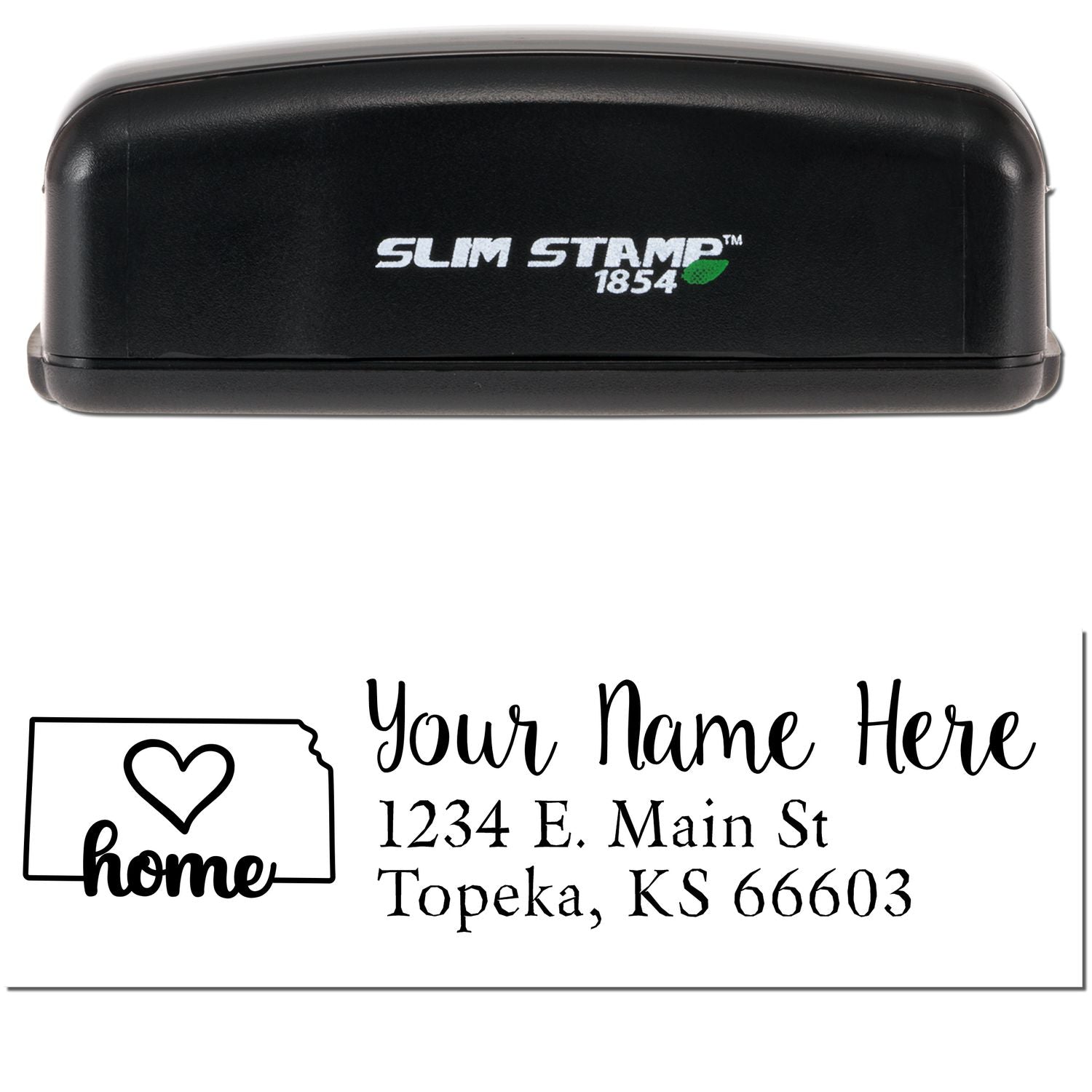 Slim Pre-Inked Kansas State Love Custom Address Stamp with a black casing. Features a heart and home design with customizable address text below.