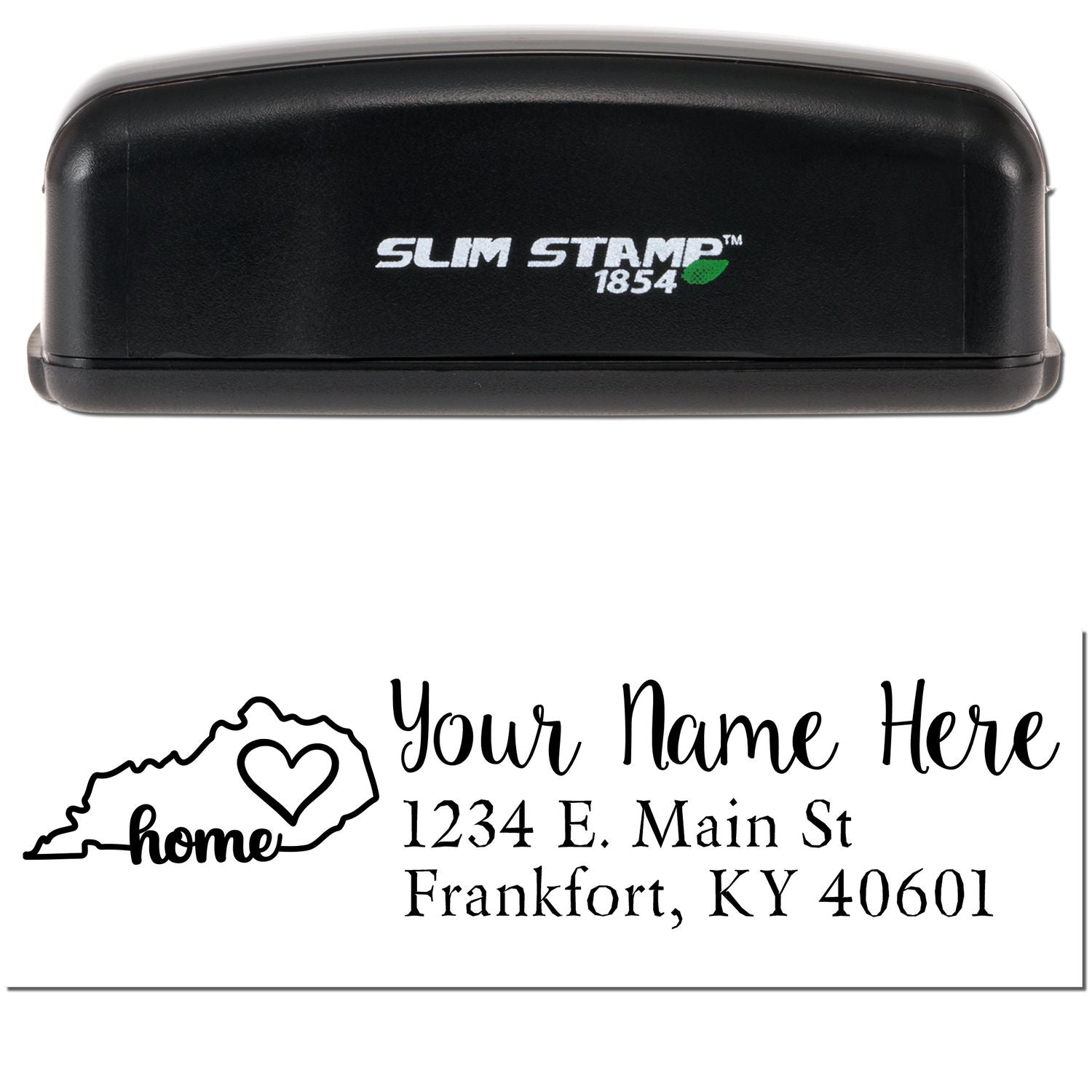 Slim Pre-Inked Kentucky State Love Custom Address Stamp with a black casing. Features a heart design with 'home' and customizable address text for Frankfort, KY.