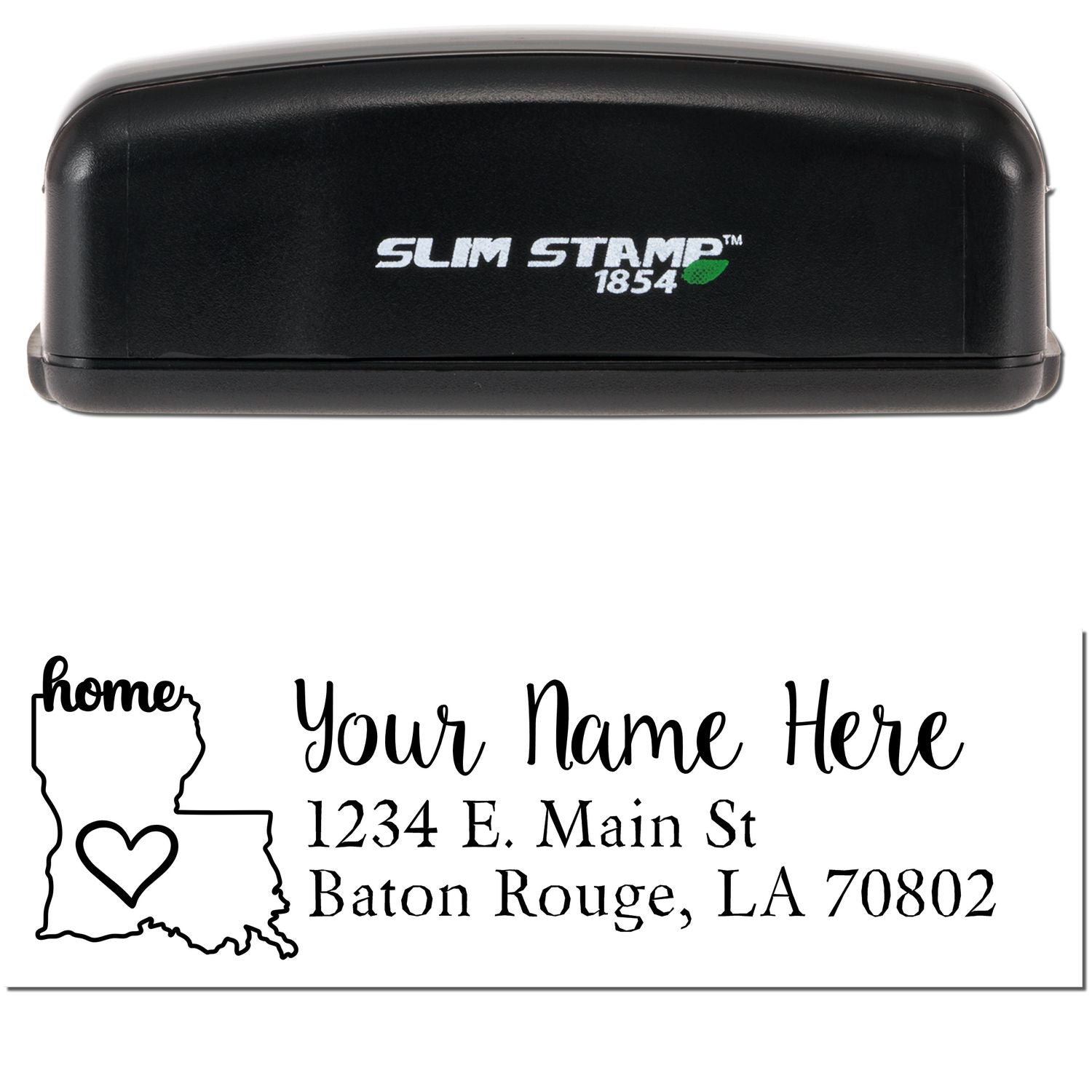 Slim Pre-Inked Louisiana State Love Custom Address Stamp with a black casing. Features a heart design within the state outline and customizable address text.