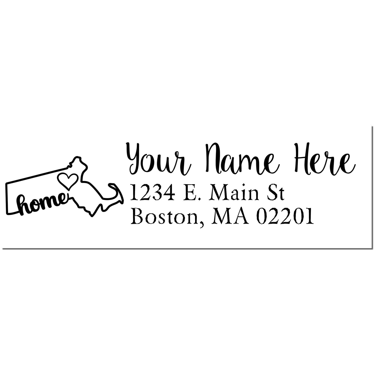 PSI Pre-Inked Personalized Massachusetts State Love Address Stamp featuring home text with a heart on the state outline, customizable name, and address fields. Perfect for personalizing mail.