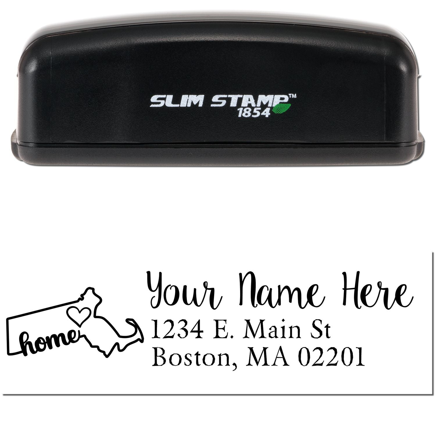 Slim Pre-Inked Massachusetts State Love Custom Address Stamp with Your Name Here and address. Features a black casing and a design of Massachusetts with home text.