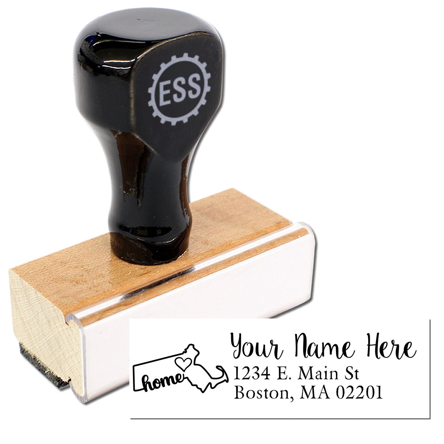 Wood Handle Massachusetts Custom Address Rubber Stamp with a black top and wooden base. Includes a sample address: Your Name Here, 1234 E. Main St, Boston, MA 02201 with a Massachusetts outline.