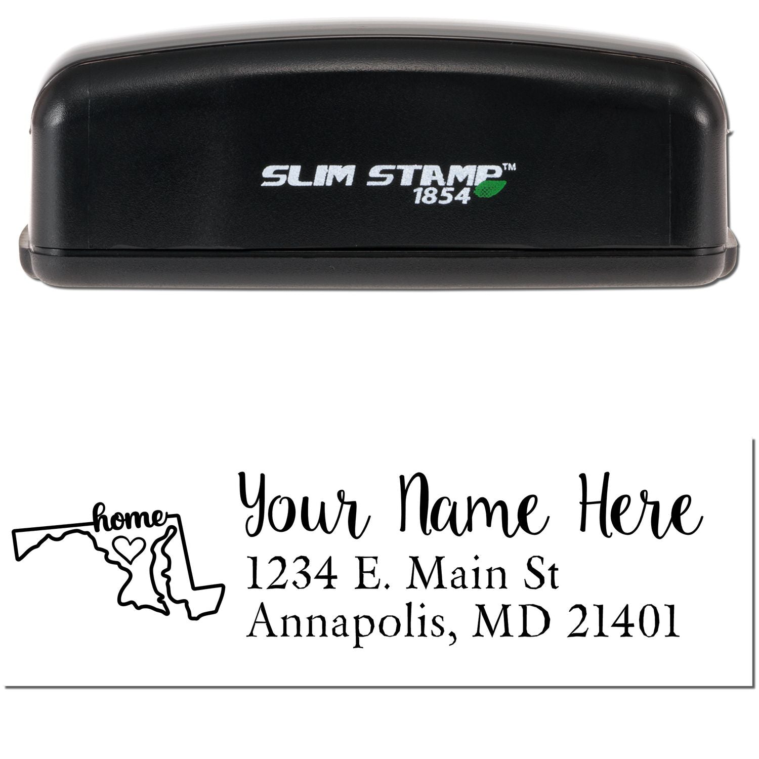 Slim Pre-Inked Maryland State Love Custom Address Stamp featuring a black casing with Slim Stamp 1854 logo, and a sample address design with a Maryland map and heart.