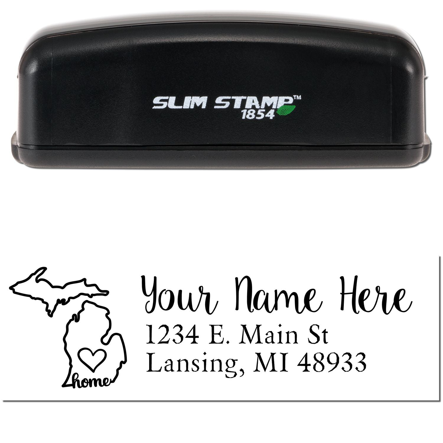 Slim Pre-Inked Michigan State Love Custom Address Stamp with a black casing. Features a map outline of Michigan and customizable address text.