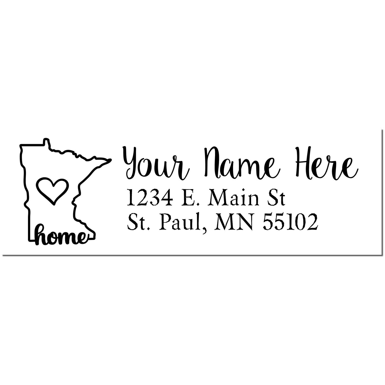 PSI Pre-Inked Personalized Minnesota State Love Address Stamp featuring a heart inside the state outline, customizable with name and address in elegant script. Perfect for adding a personal touch to mail.