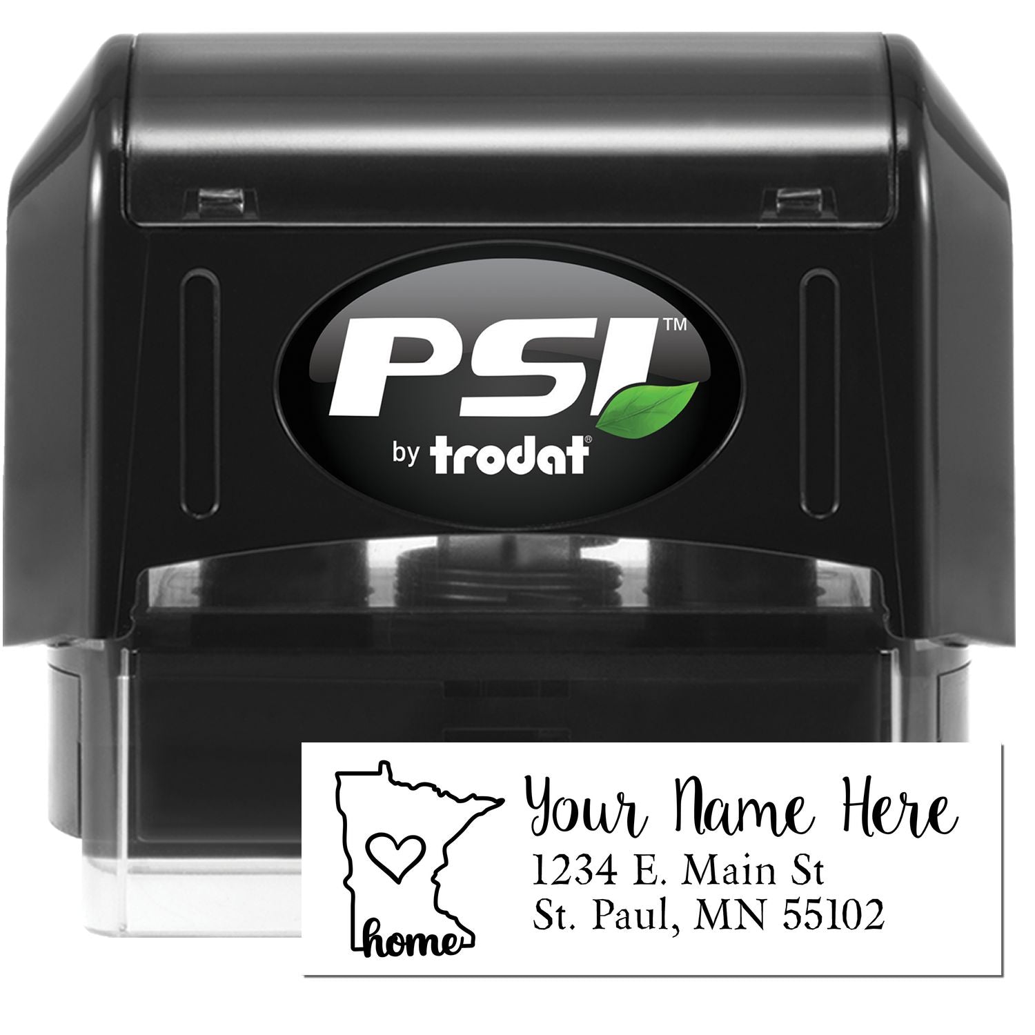 PSI Pre-Inked Personalized Minnesota State Love Address Stamp with a black casing and sample address design featuring a heart and 'home' text inside the state outline.