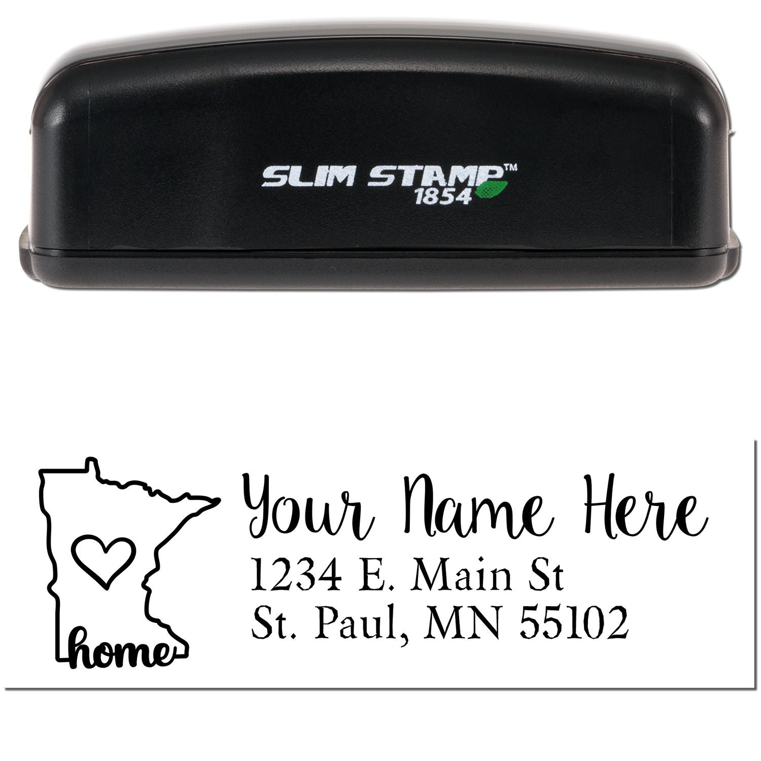 Slim Pre-Inked Minnesota State Love Custom Address Stamp featuring a black casing and a design with a heart inside the Minnesota state outline, personalized with an address in elegant script.