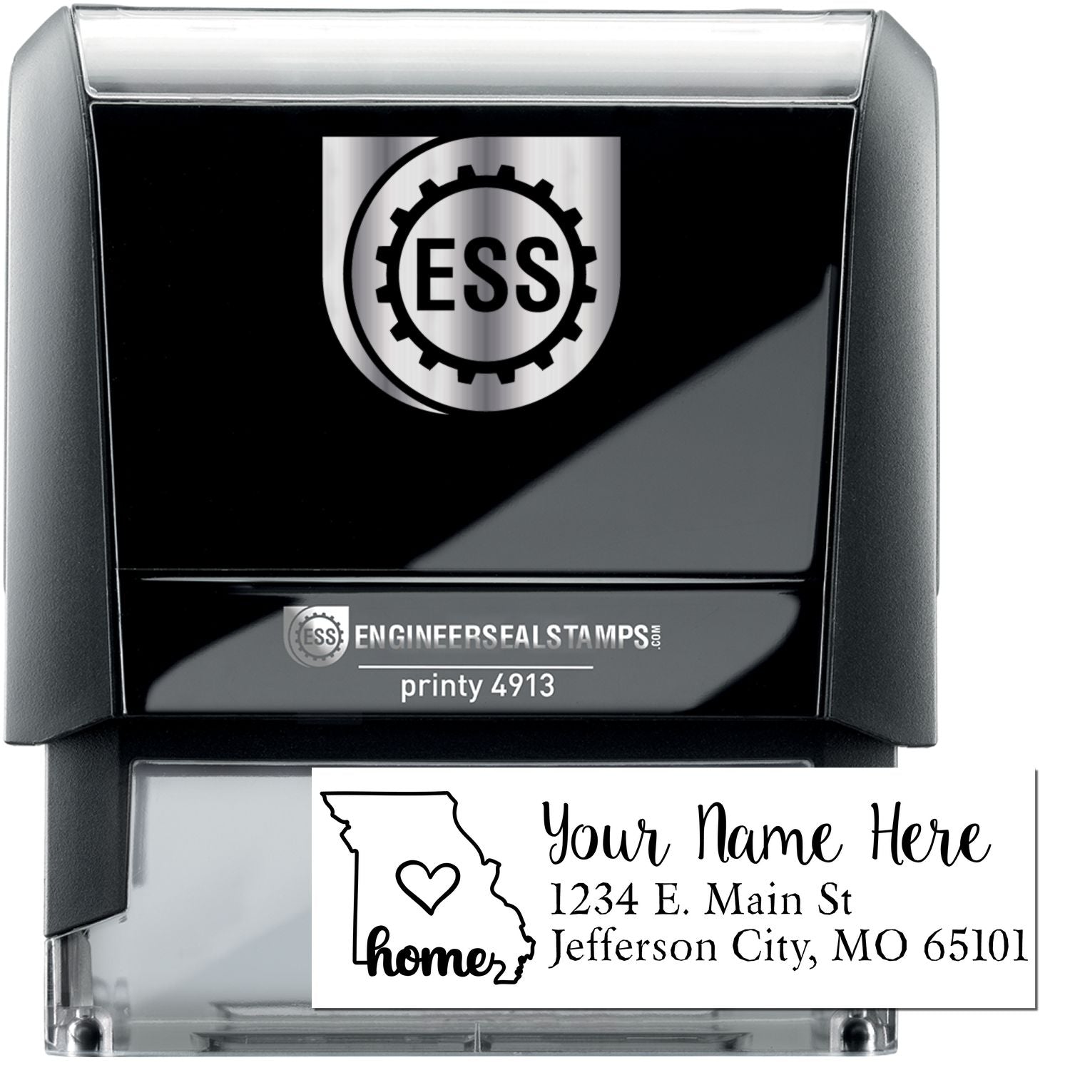 Missouri Self-Inking State Love Address Stamp with a heart design, customizable with your name and address. Black casing with ESS logo, perfect for personalizing mail from Jefferson City, MO.