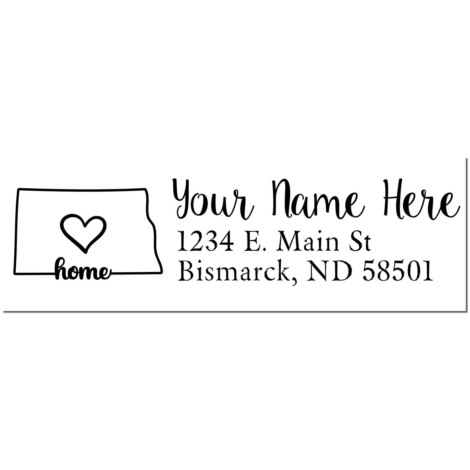 North Dakota Self-Inking State Love Address Stamp featuring a heart inside the state outline, customizable with name and address in elegant script. Perfect for personalizing mail from Bismarck, ND.