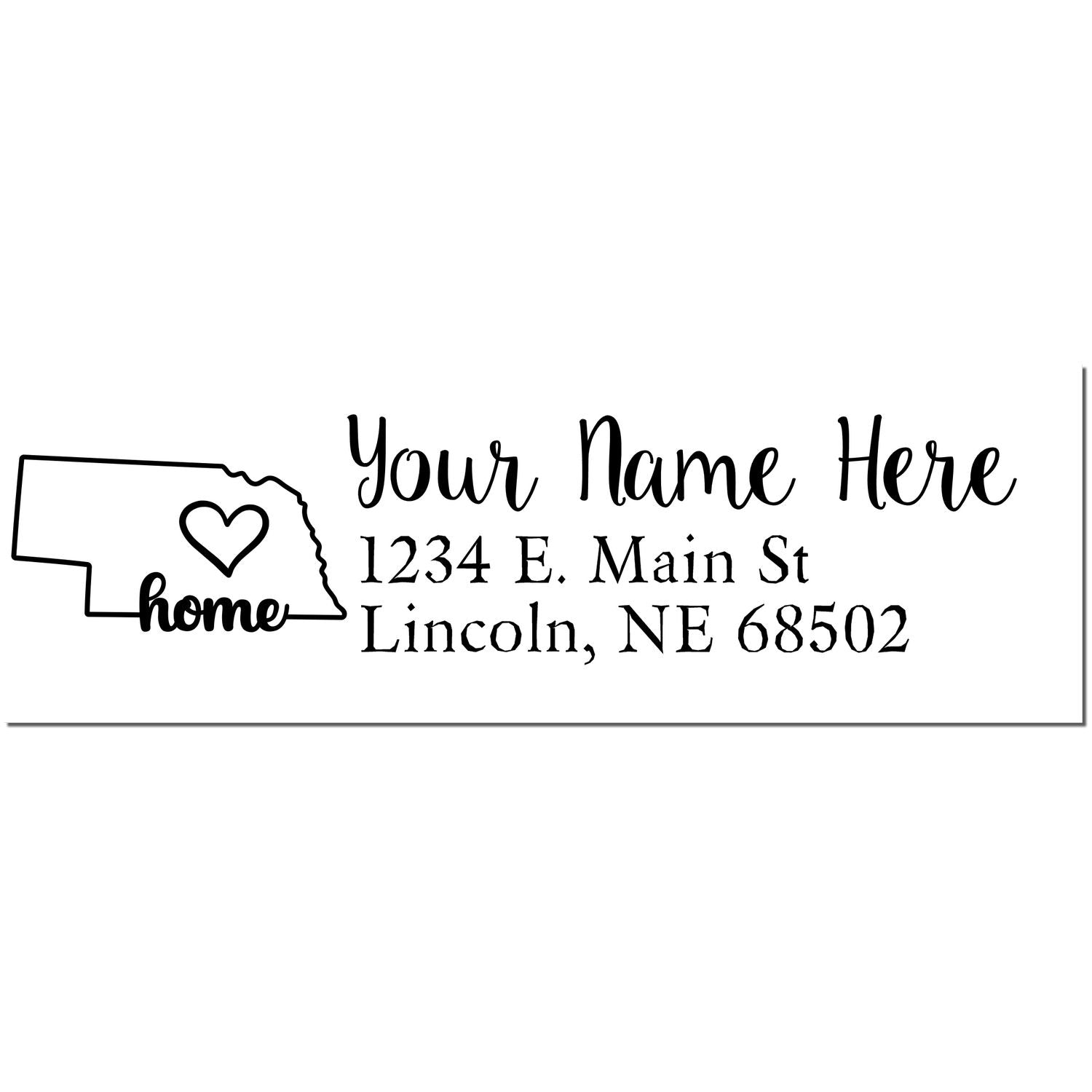 Nebraska Self-Inking State Love Address Stamp featuring a Nebraska outline with a heart and the word home, customizable with name and address in elegant script.