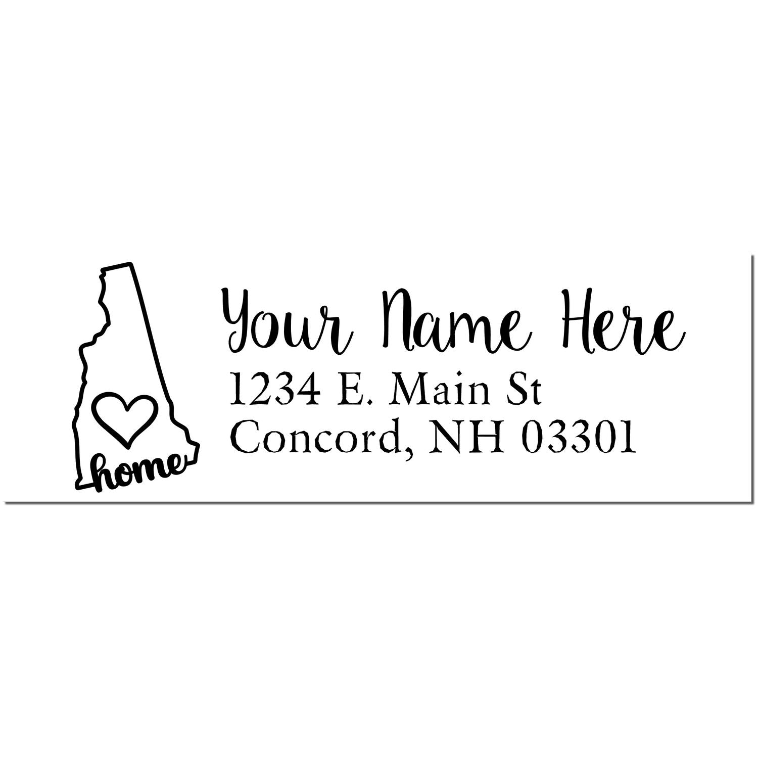 Wood Handle New Hampshire Custom Address Rubber Stamp with a heart design inside the state outline, personalized with Your Name Here, 1234 E. Main St, Concord, NH 03301.