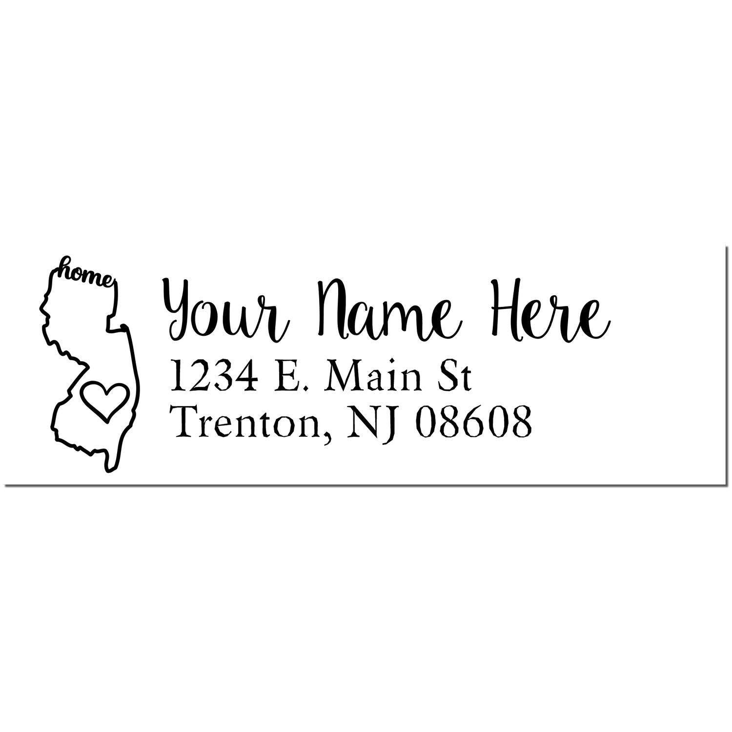 Slim Pre-Inked New Jersey State Love Custom Address Stamp featuring a heart design within the NJ state outline, personalized with Your Name Here and a sample address in elegant black script.