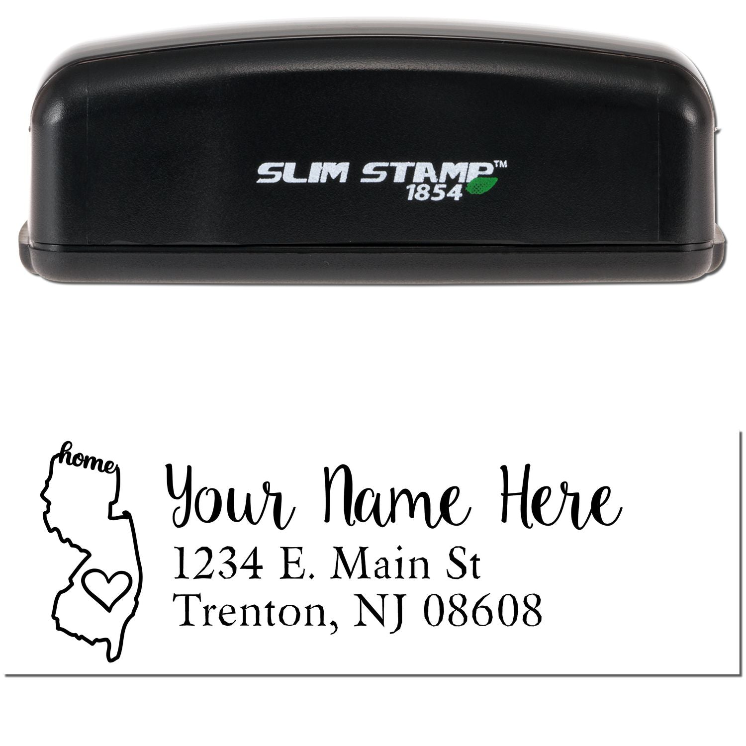 Slim Pre-Inked New Jersey State Love Custom Address Stamp with home text and heart on NJ map. Personalize with name and address. Black casing with Slim Stamp 1854 logo.