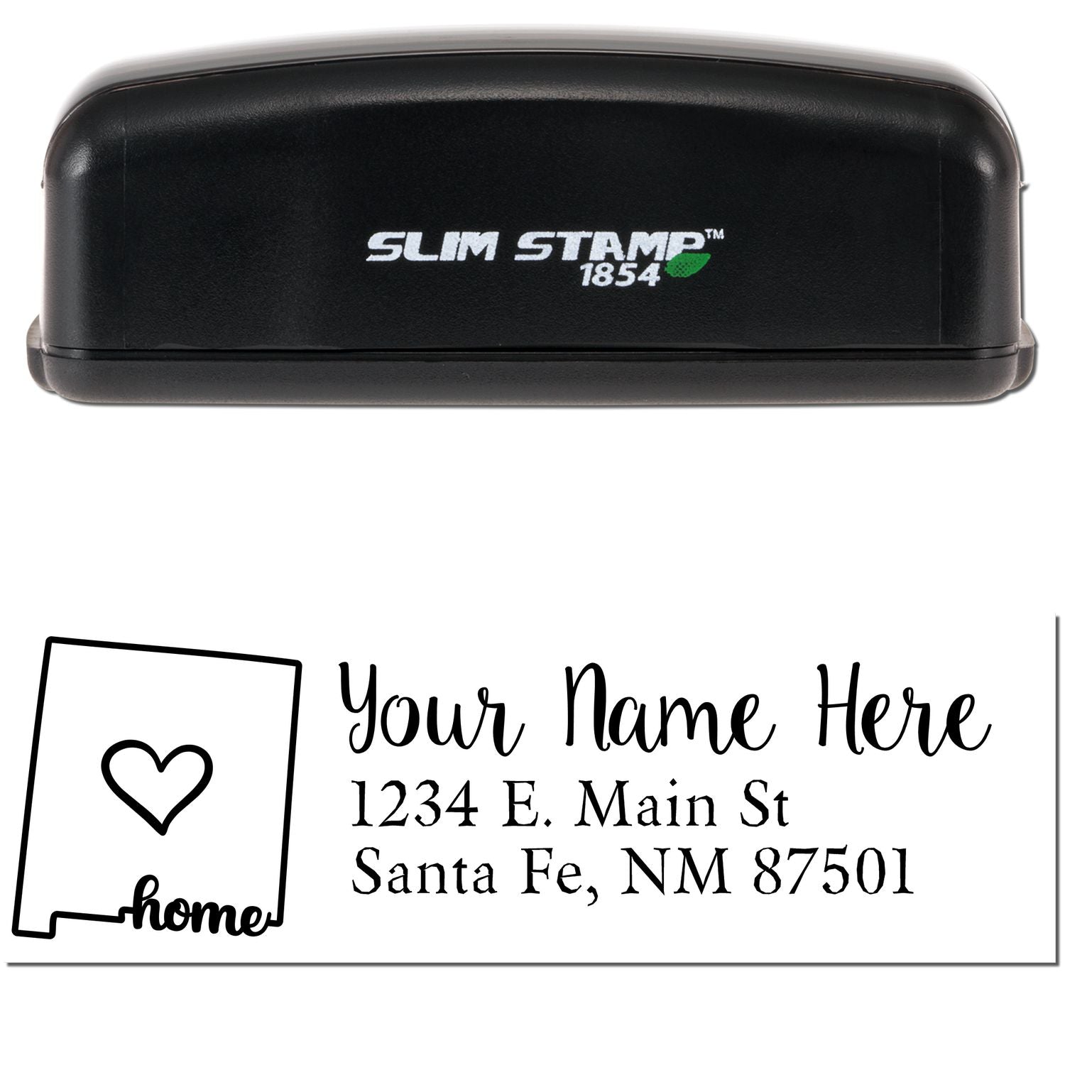 Slim Pre-Inked New Mexico State Love Custom Address Stamp with a black casing. Features a heart design and home text inside the New Mexico outline, with customizable address lines below.