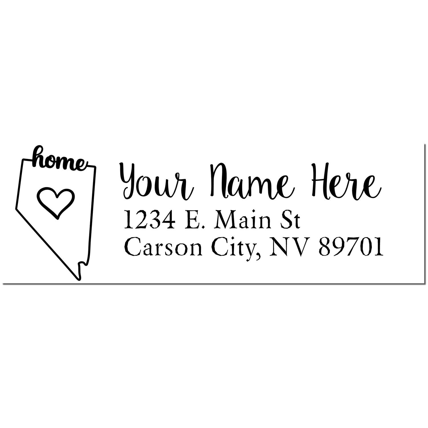 Slim Pre-Inked Nevada State Love Custom Address Stamp featuring a heart inside the Nevada outline, with customizable text for name and address in a stylish font. Perfect for personalizing mail.