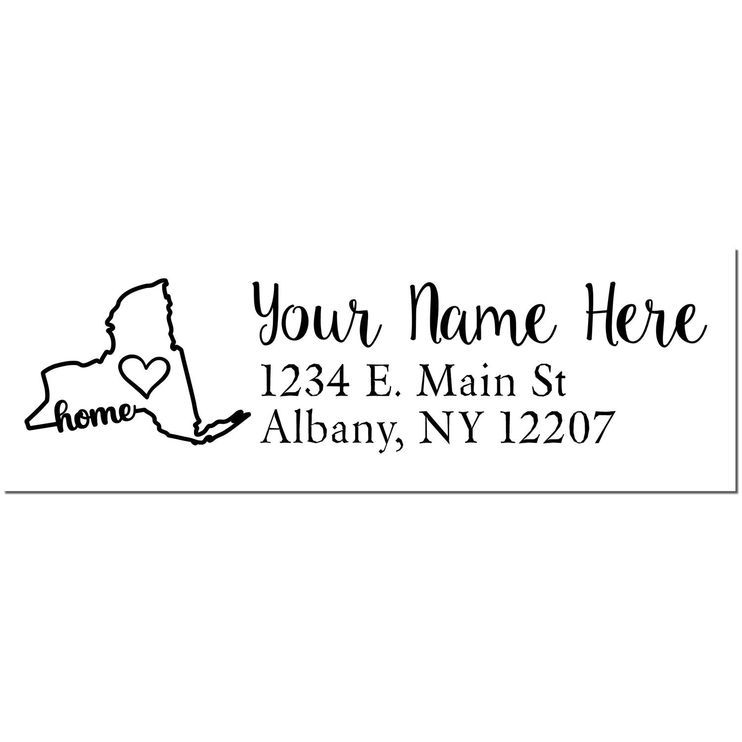 PSI Pre-Inked Personalized New York State Love Address Stamp featuring a map outline with a heart, the word home, and customizable text for name and address in elegant script.