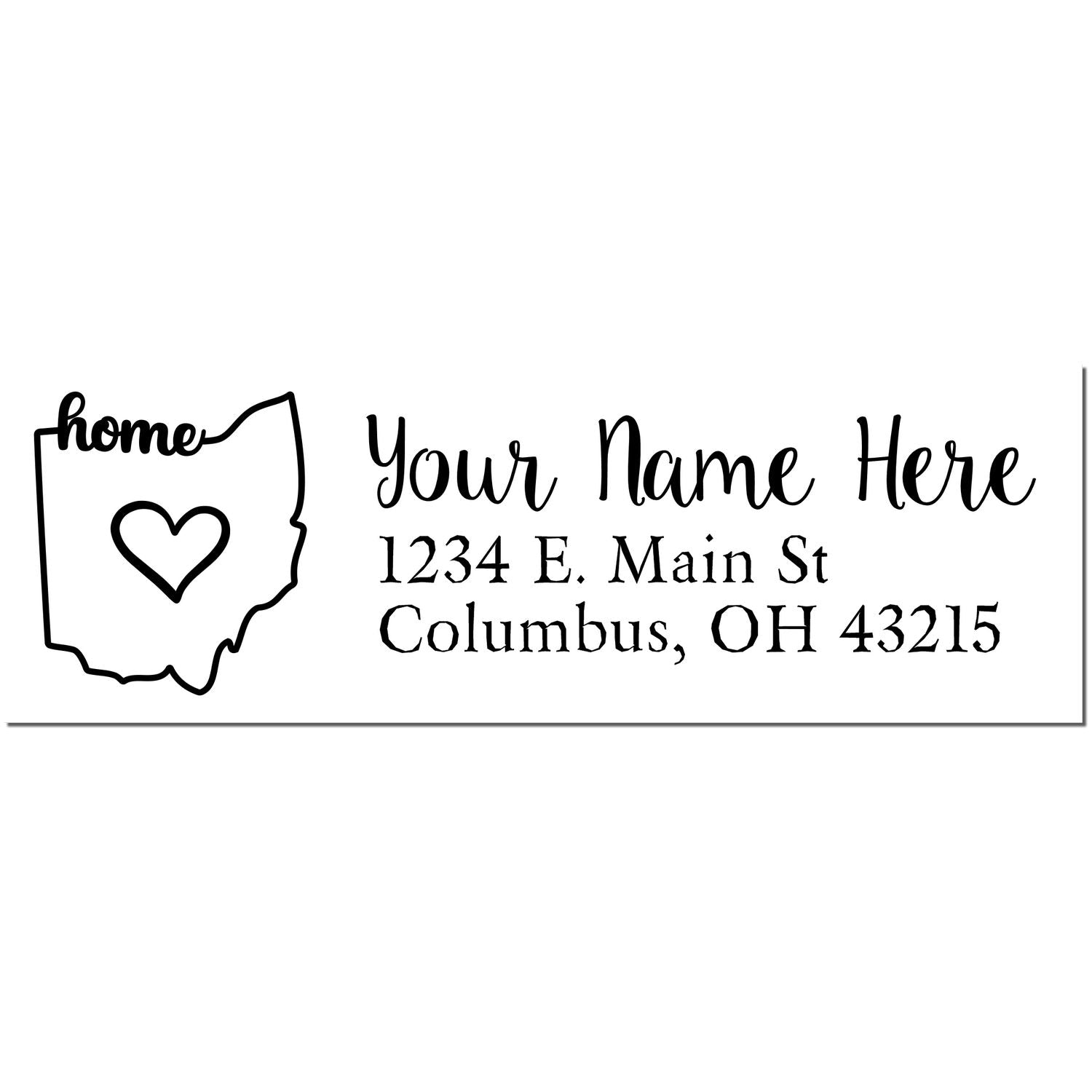 Ohio Self-Inking State Love Address Stamp featuring a heart inside the Ohio outline, personalized with Your Name Here and an address in elegant script. Perfect for adding a personal touch to mail.