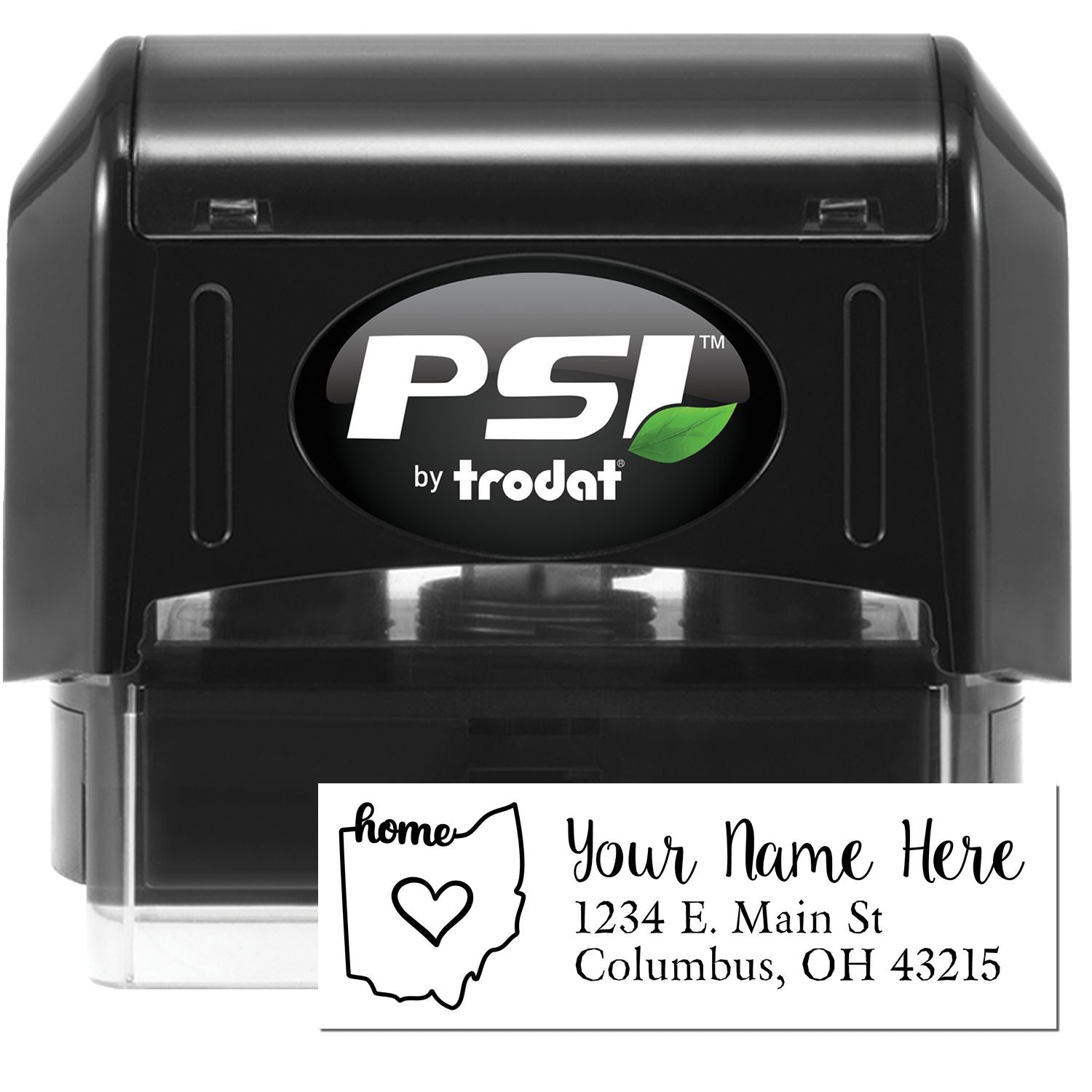 PSI Pre-Inked Personalized Ohio State Love Address Stamp with a black casing, featuring a heart inside the Ohio state outline and customizable address text.