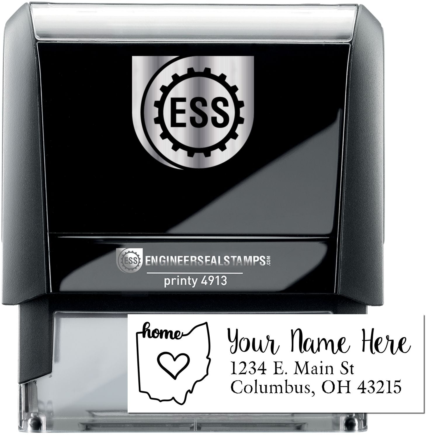 Ohio Self-Inking State Love Address Stamp with a black casing, featuring a customizable address area and a heart design within the Ohio state outline.