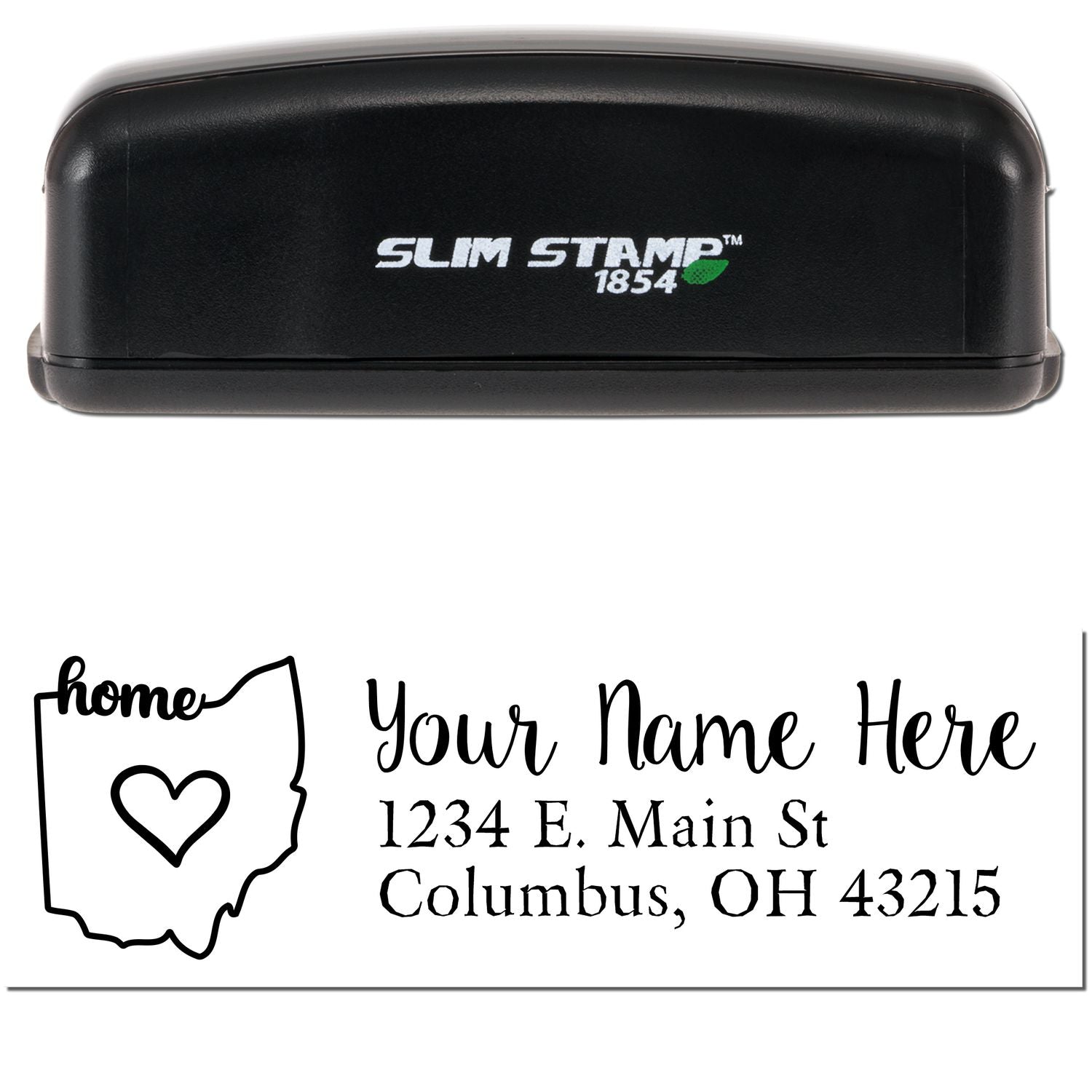 Slim Pre-Inked Ohio State Love Custom Address Stamp featuring a black casing and a design with home text, heart, and Ohio outline. Personalize with your name and address for a unique touch.