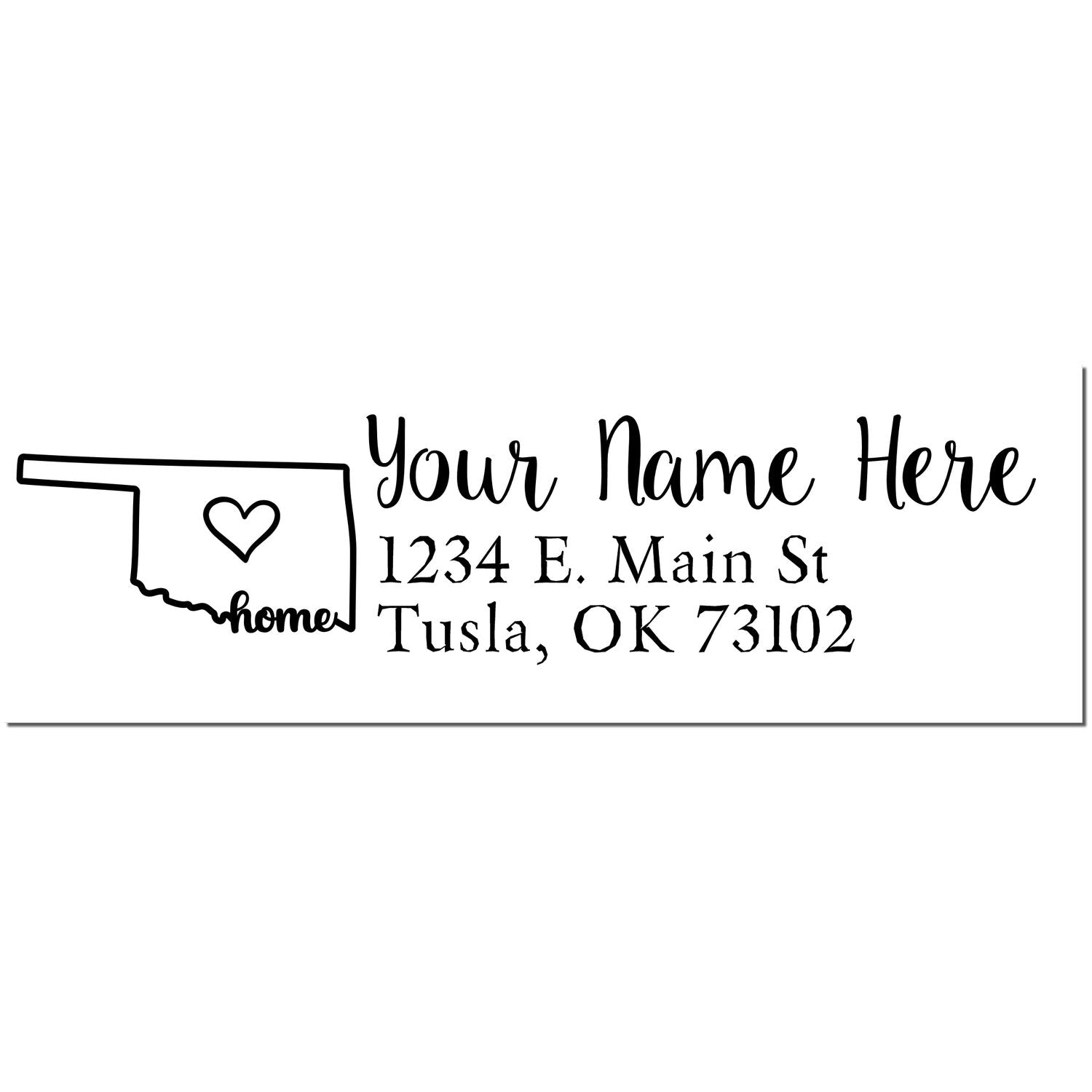 Slim Pre-Inked Oklahoma State Love Custom Address Stamp featuring a heart inside the state outline, with customizable name and address fields in elegant script. Perfect for personalizing mail.