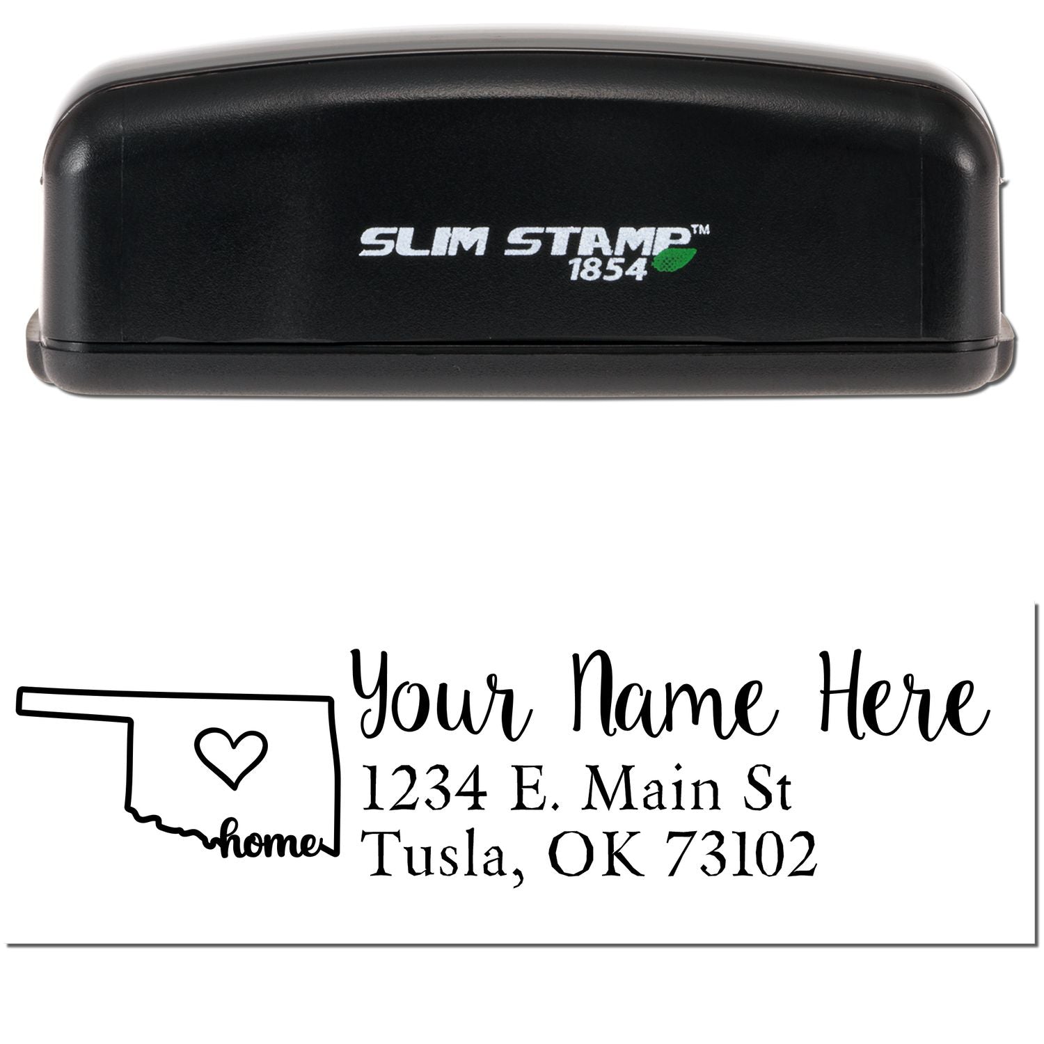 Image of a Slim Pre-Inked Oklahoma State Love Custom Address Stamp, featuring a black casing and a sample imprint with a heart and home text inside the Oklahoma state outline.