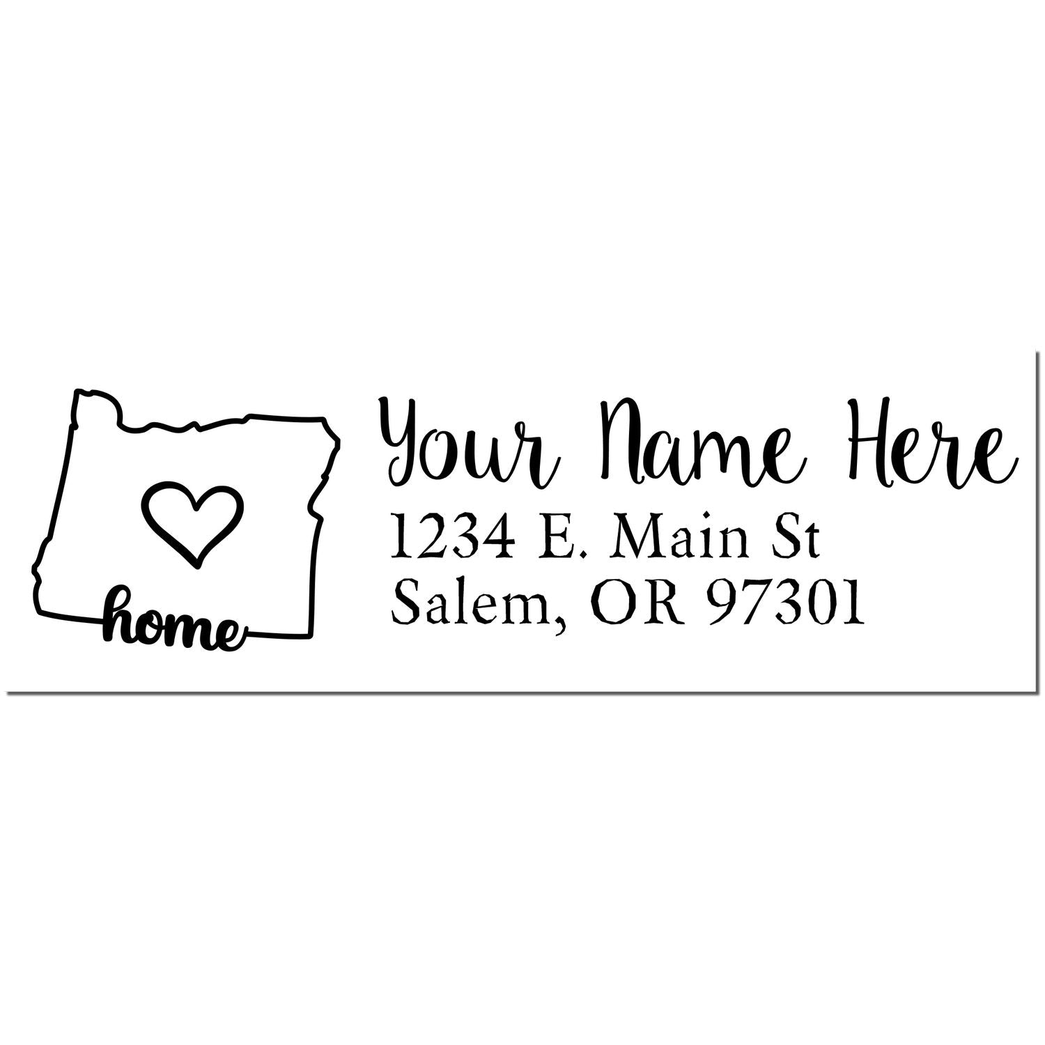 Oregon Self-Inking State Love Address Stamp featuring a heart inside the Oregon state outline, customizable with name and address. Perfect for personalizing mail with a touch of home.