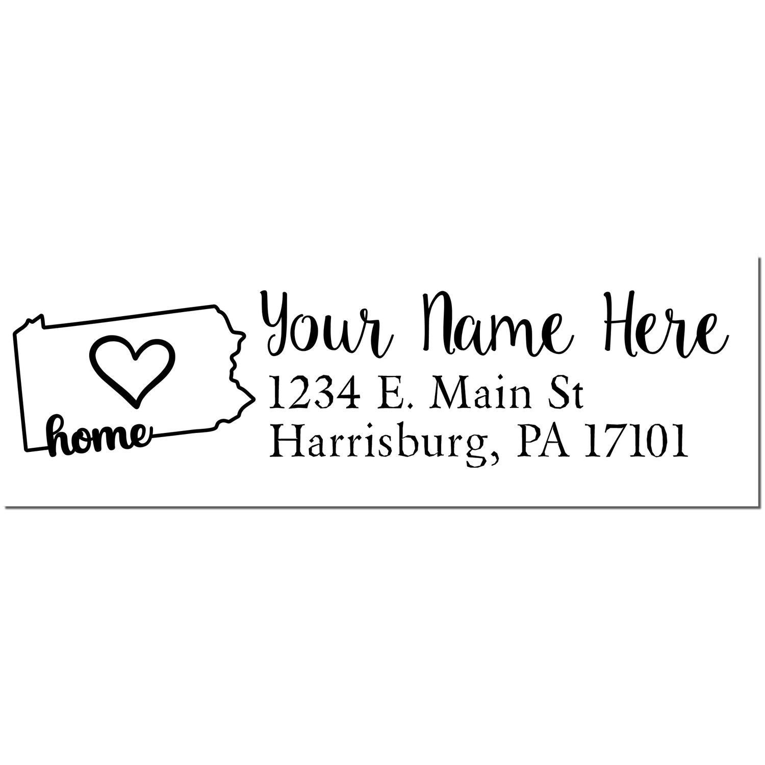 Slim Pre-Inked Pennsylvania State Love Custom Address Stamp featuring a heart inside the state outline, with customizable name and address fields in elegant script. Perfect for personalizing mail.