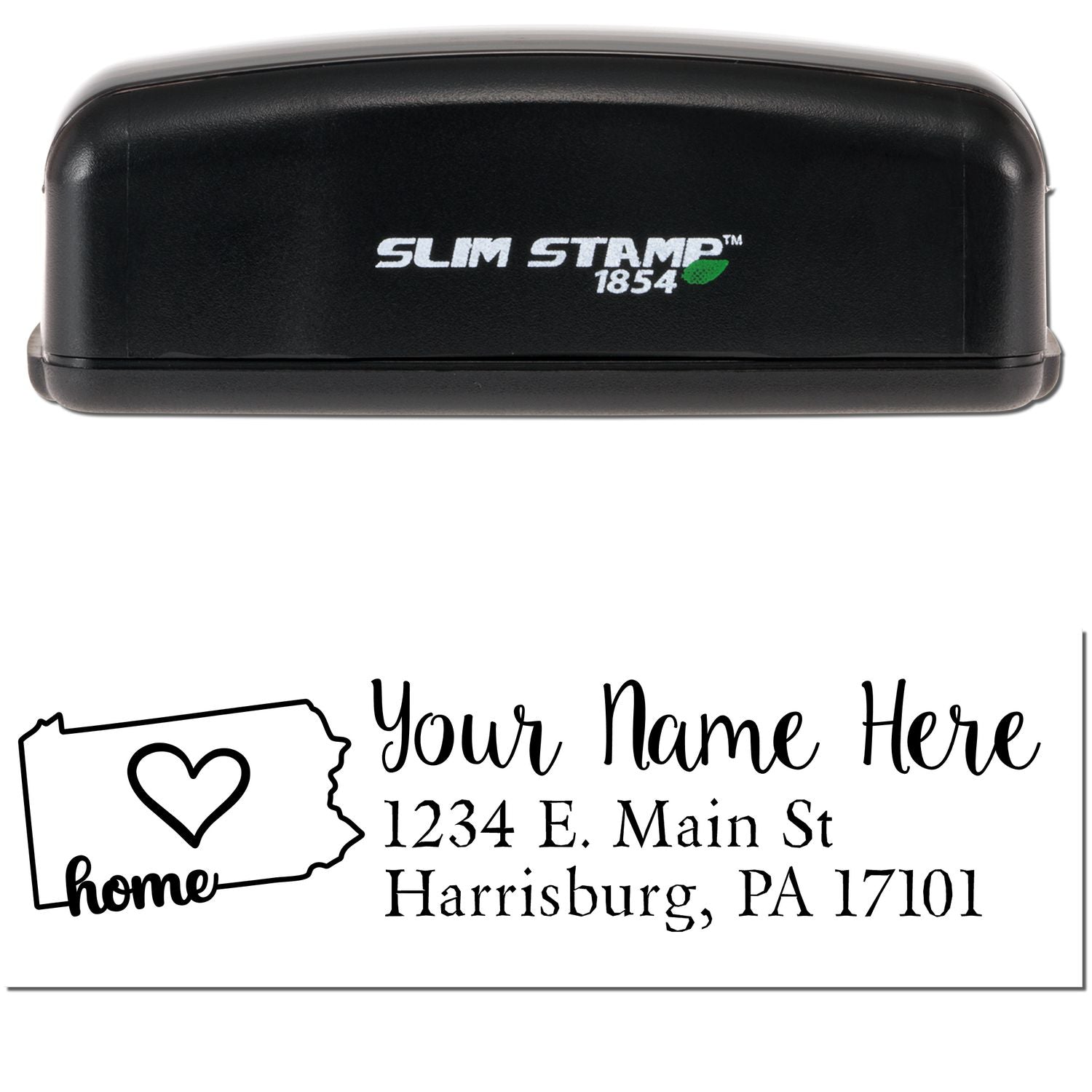 Slim Pre-Inked Pennsylvania State Love Custom Address Stamp with a black casing. Features a heart and home design, customizable with your name and address. Perfect for personalizing mail.