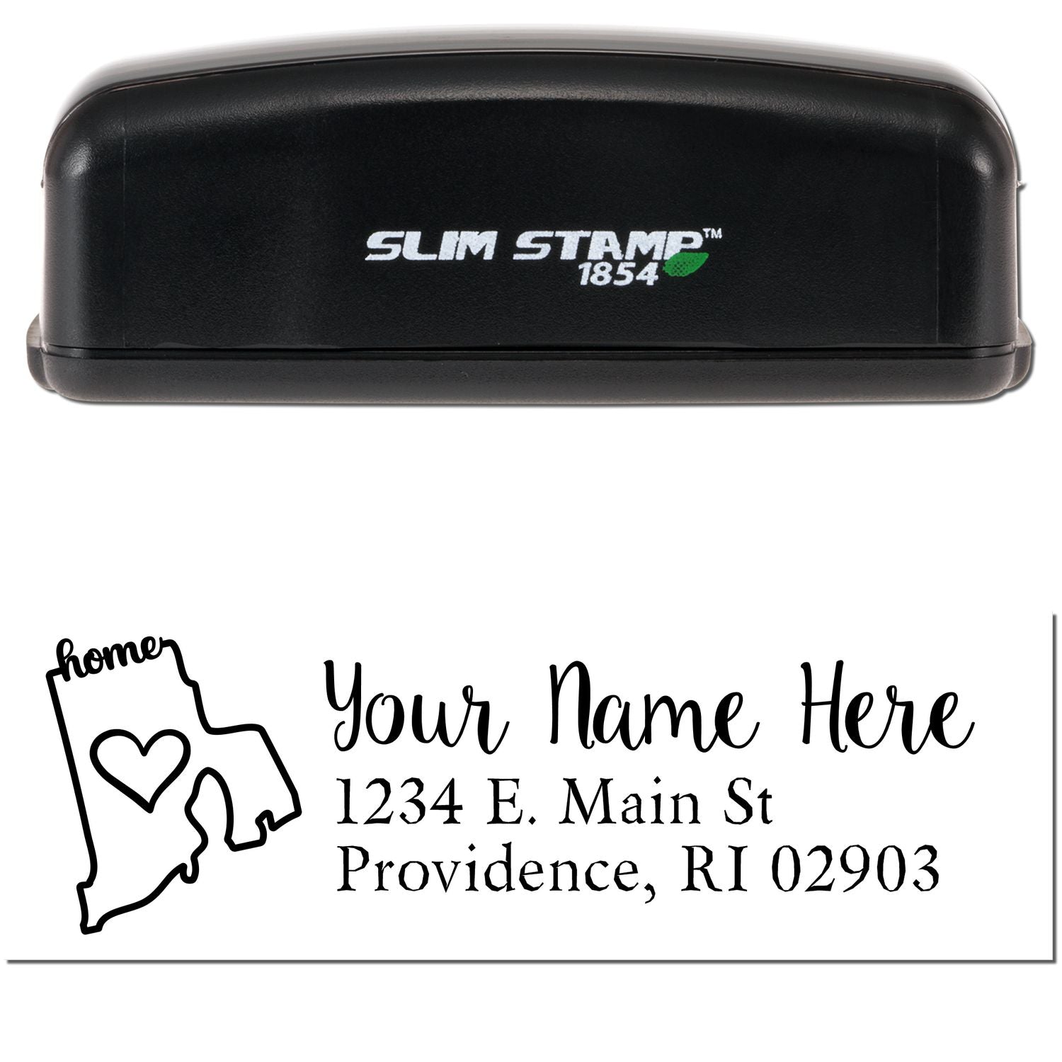 Slim Pre-Inked Rhode Island State Love Custom Address Stamp with a black casing, featuring a heart design and personalized address text. Perfect for adding a personal touch to your mail.