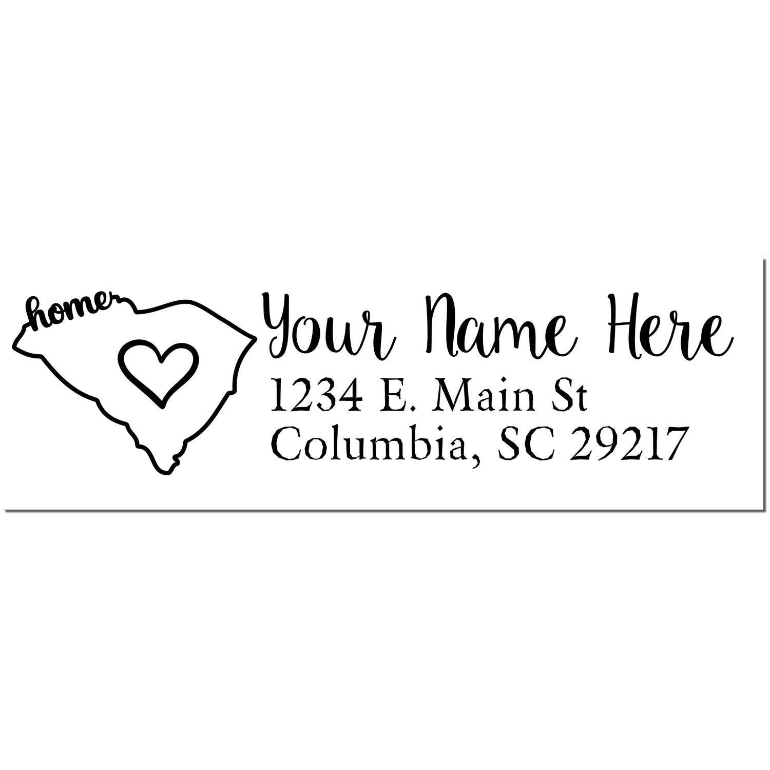 PSI Pre-Inked Personalized South Carolina State Love Address Stamp featuring a heart design within the state outline, customizable with name and address in elegant script.