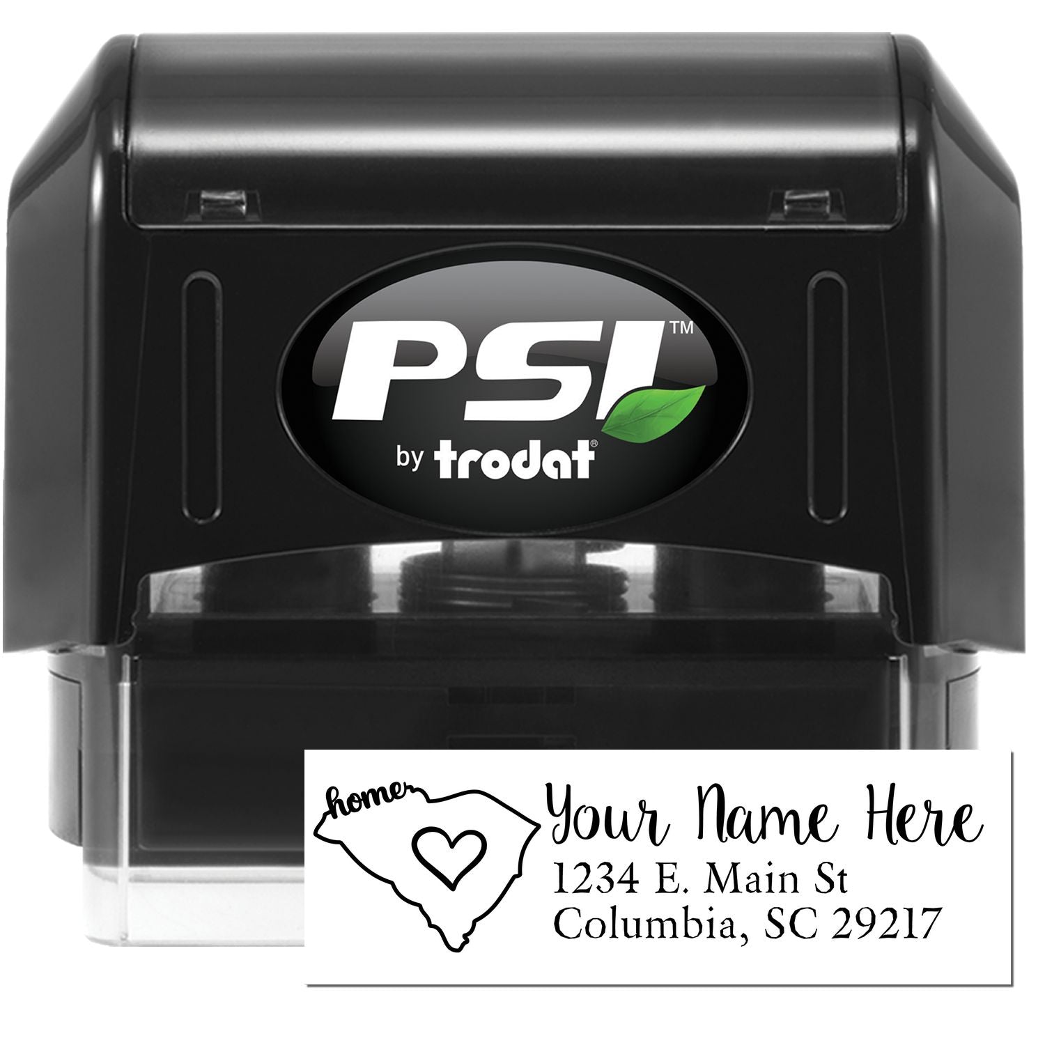 PSI Pre-Inked Personalized South Carolina State Love Address Stamp, featuring a black casing and a customizable imprint area with a heart and state outline design.