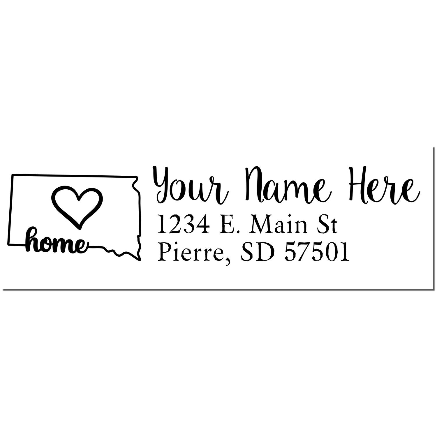 PSI Pre-Inked Personalized South Dakota State Love Address Stamp featuring a heart inside the state outline, customizable with name and address in elegant font. Perfect for adding a personal touch to mail.