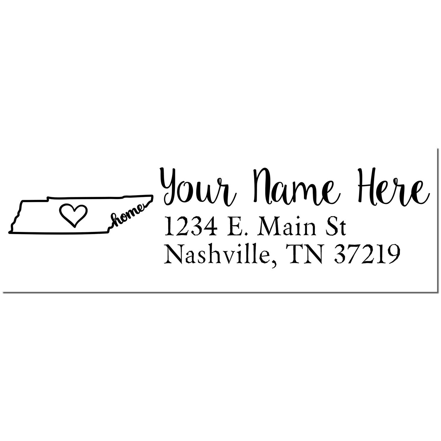 Wood Handle Tennessee Custom Address Rubber Stamp featuring a heart inside the state outline, customizable with name and address. Ideal for personalizing mail with a touch of Tennessee charm.