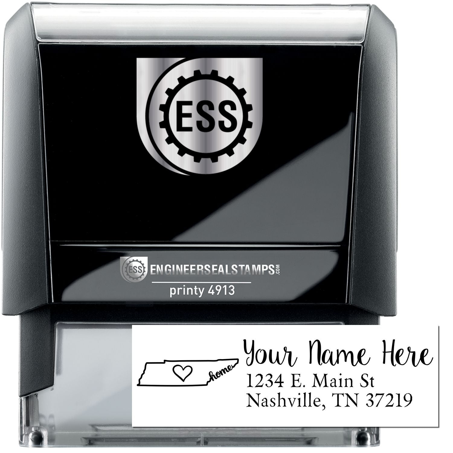 Tennessee Self-Inking State Love Address Stamp with a black casing, featuring a heart and state outline design. Customizable address area shown with sample text: Your Name Here, 1234 E. Main St, Nashville, TN 37219.