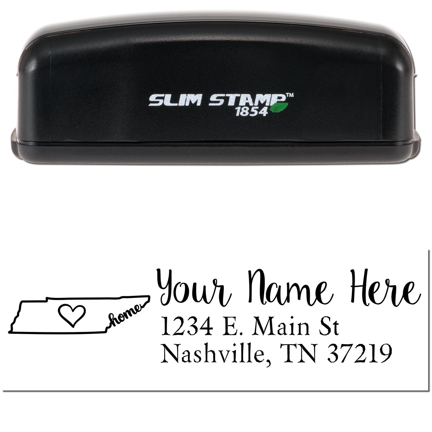 Slim Pre-Inked Tennessee State Love Custom Address Stamp featuring a black casing and a design with a heart inside the Tennessee outline, personalized with Your Name Here and an address.