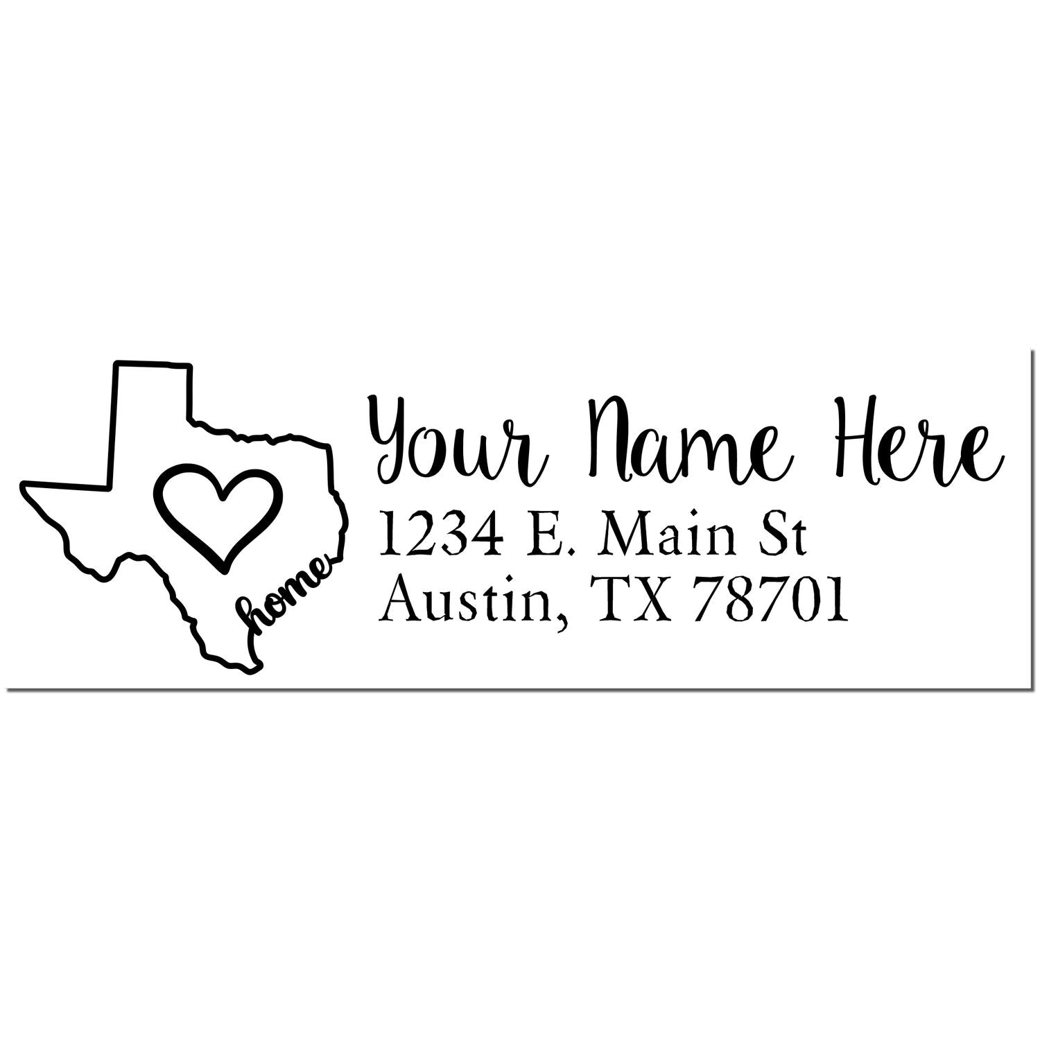 Wood Handle Texas Custom Address Rubber Stamp with a heart inside the Texas outline, personalized with Your Name Here, address, and city. Ideal for adding a personal touch to mail.