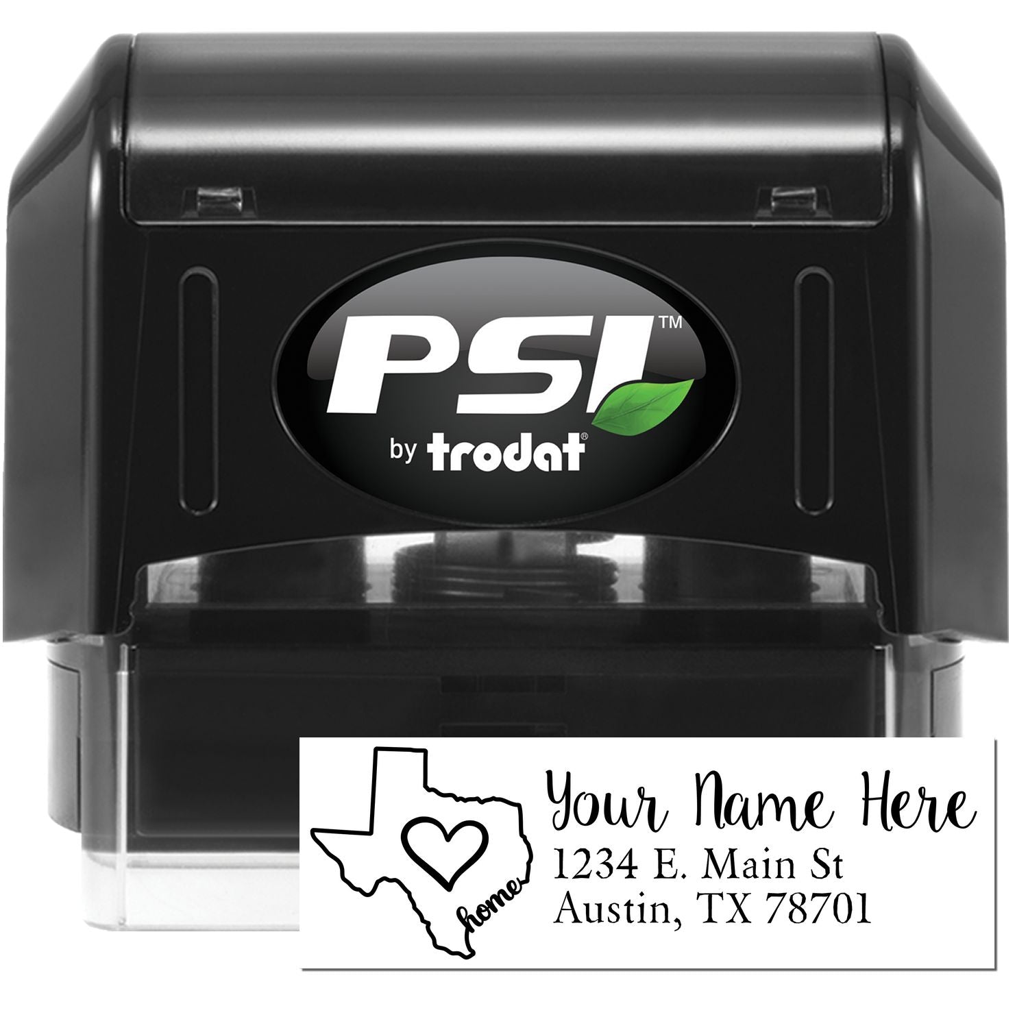 PSI Pre-Inked Personalized Texas State Love Address Stamp with a black casing. Features a Texas outline with a heart and customizable address text. Perfect for adding a personal touch to mail.