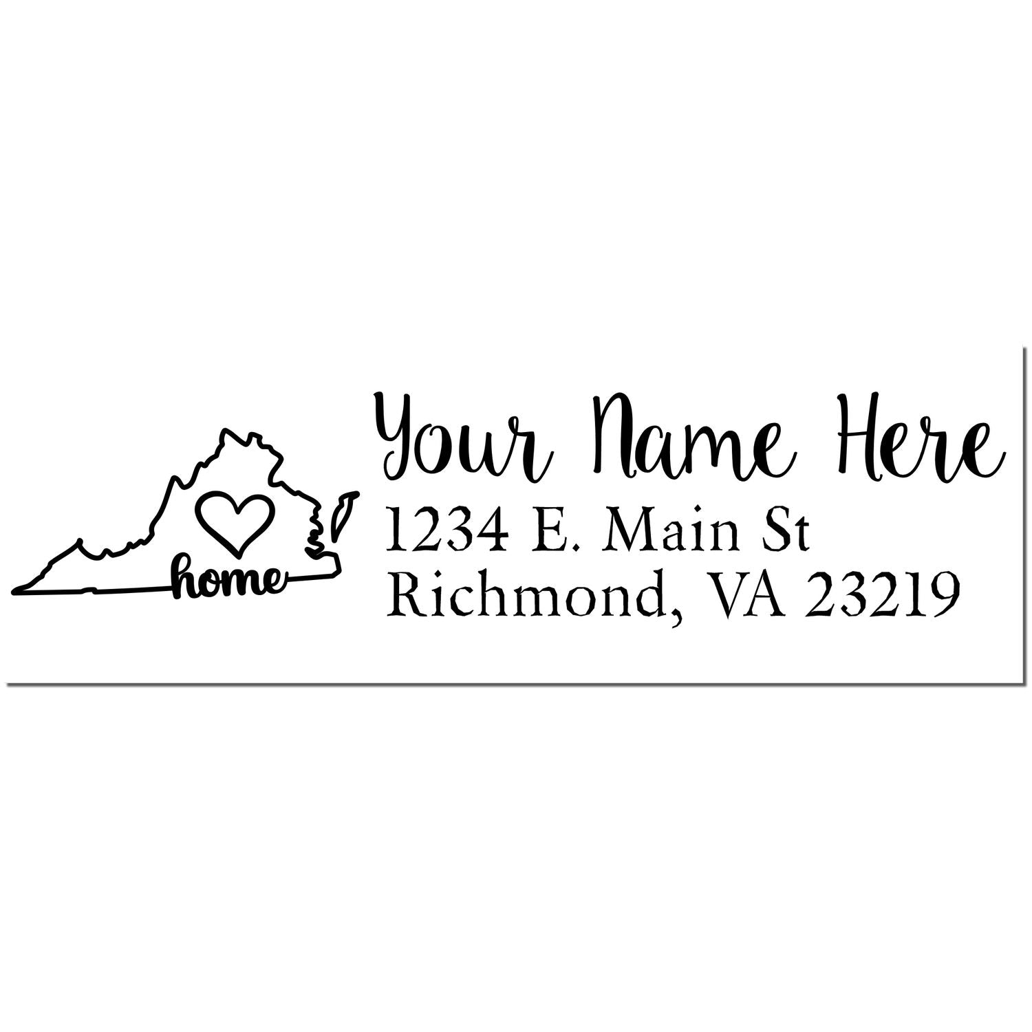 Wood Handle Virginia Custom Address Rubber Stamp with a heart design inside the state outline, personalized with 'Your Name Here' and an address in Richmond, VA. Perfect for personalizing mail.