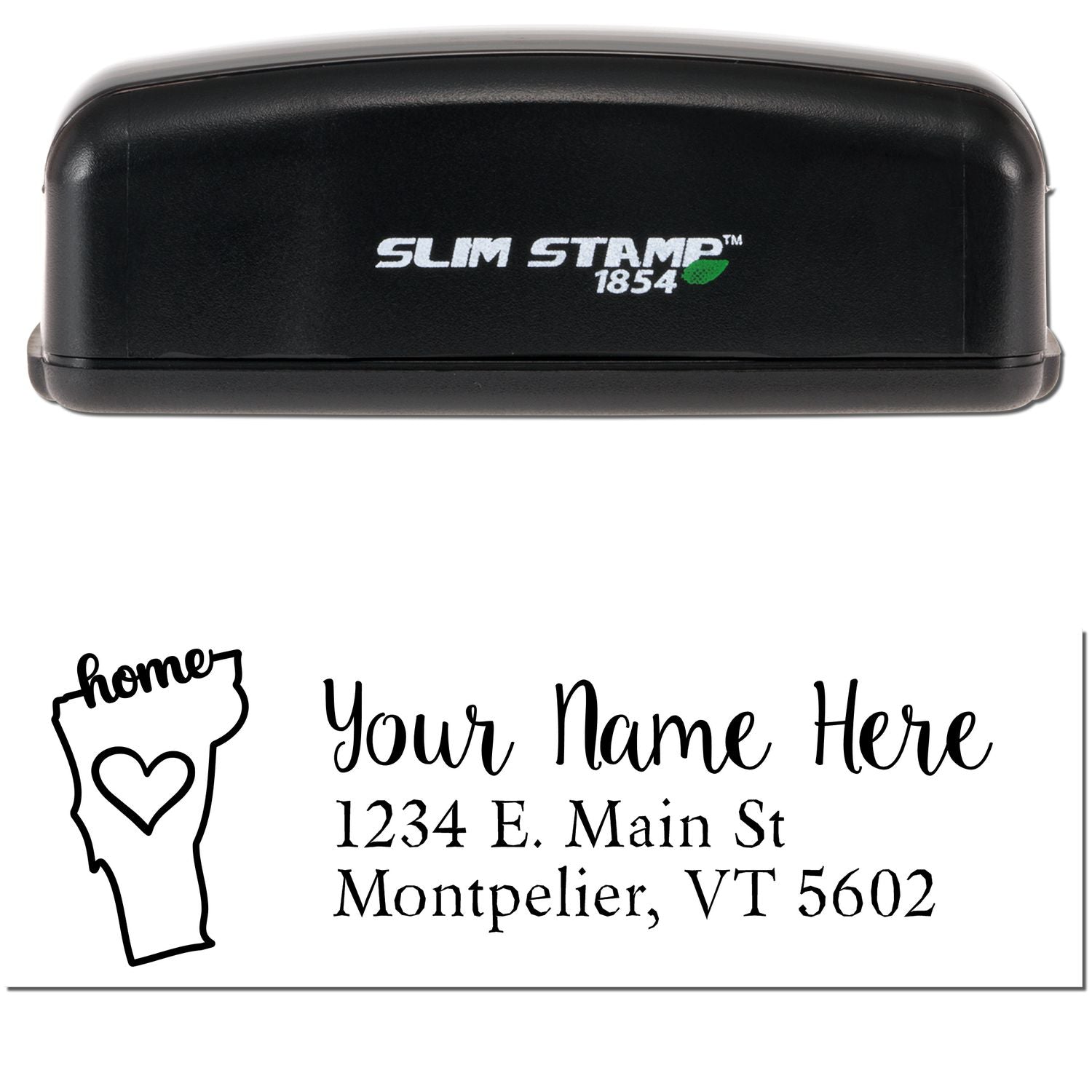 Slim Pre-Inked Vermont State Love Custom Address Stamp with a black casing. Features a heart design within the Vermont state outline and customizable address text below.