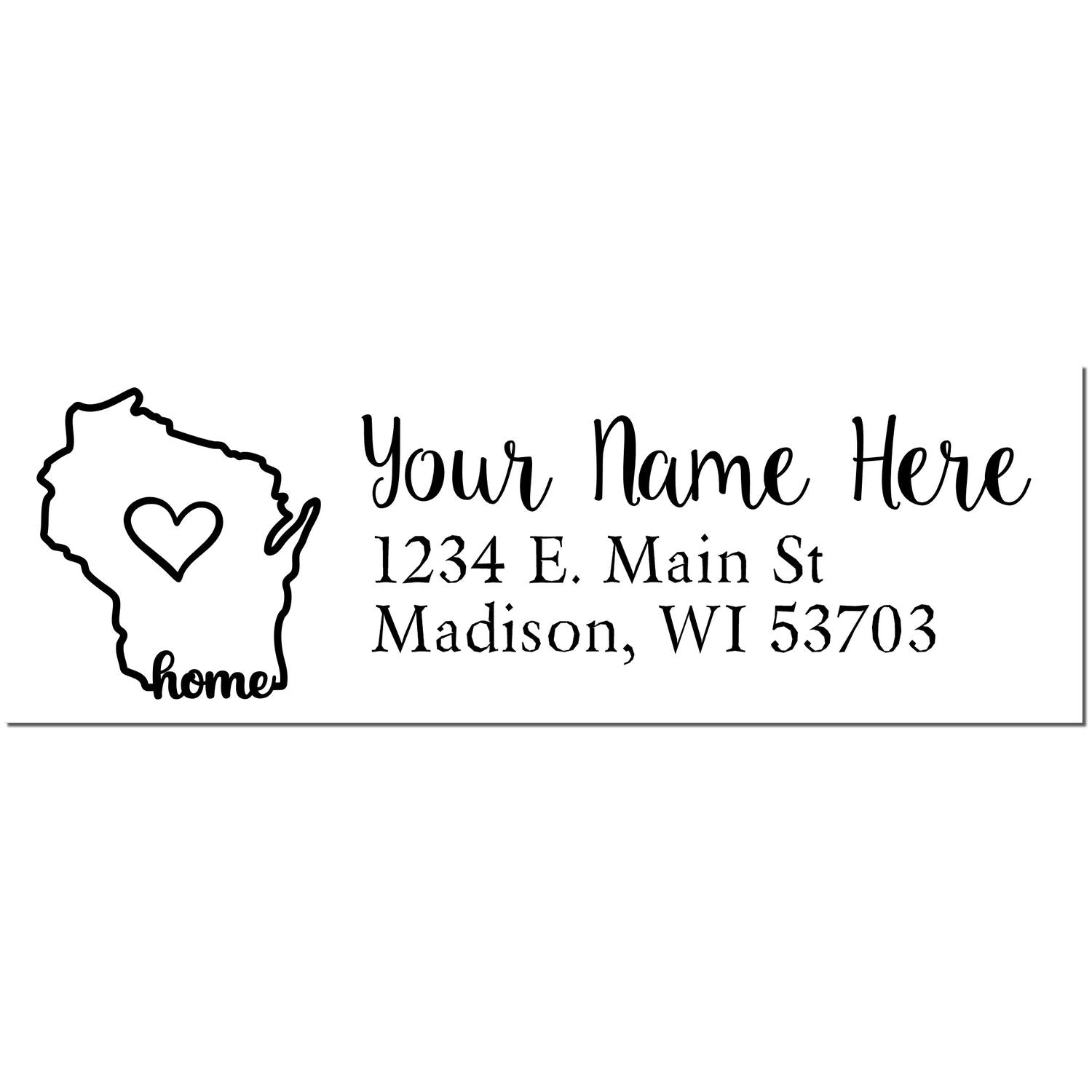 PSI Pre-Inked Personalized Wisconsin State Love Address Stamp featuring a heart inside the state outline, customizable with name and address in elegant script. Perfect for adding a personal touch to mail.