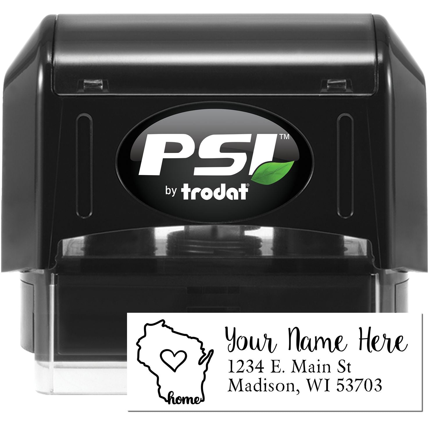 PSI Pre-Inked Personalized Wisconsin State Love Address Stamp with a black casing, featuring a heart design inside the state outline and customizable address text.