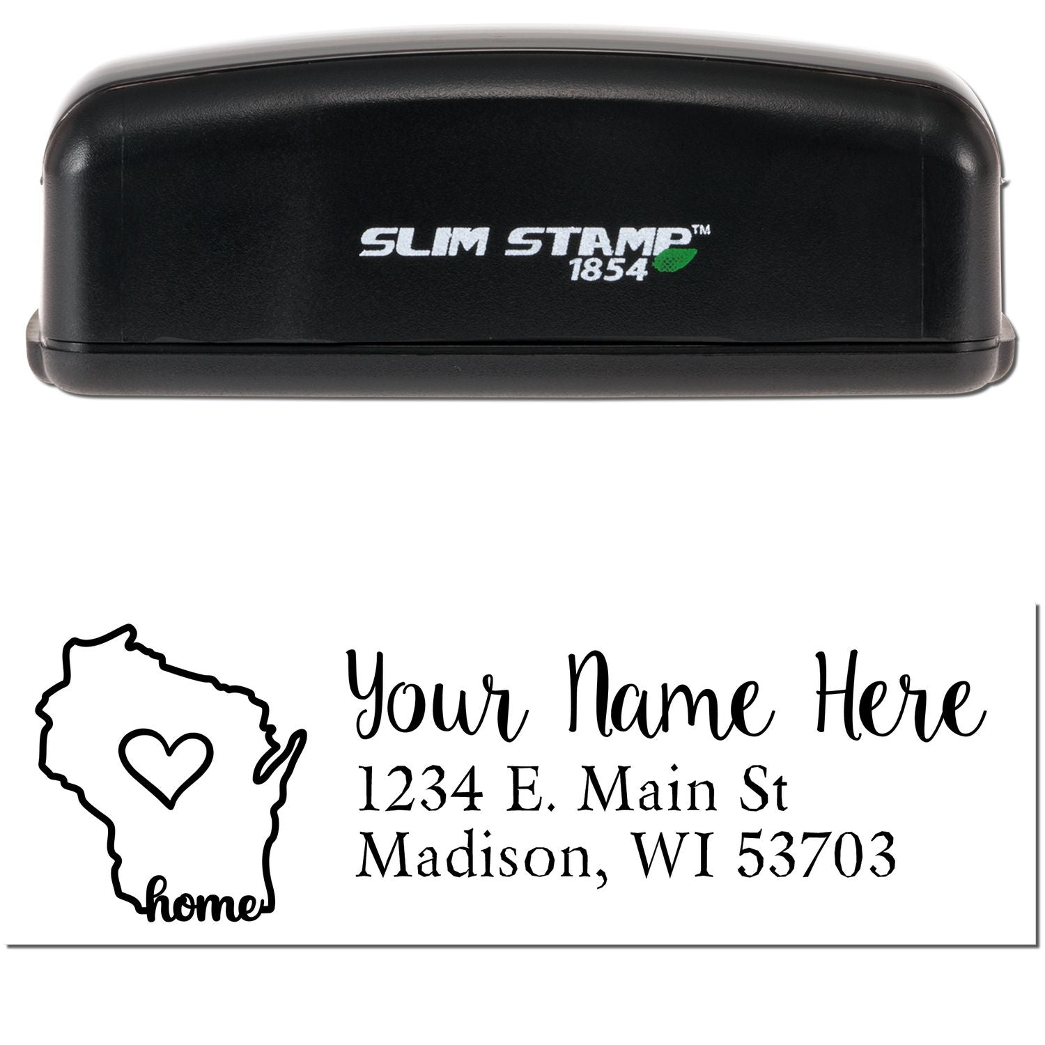 Image of a Slim Pre-Inked Wisconsin State Love Custom Address Stamp, featuring a black casing and a sample imprint with a heart inside the state outline, personalized with an address.