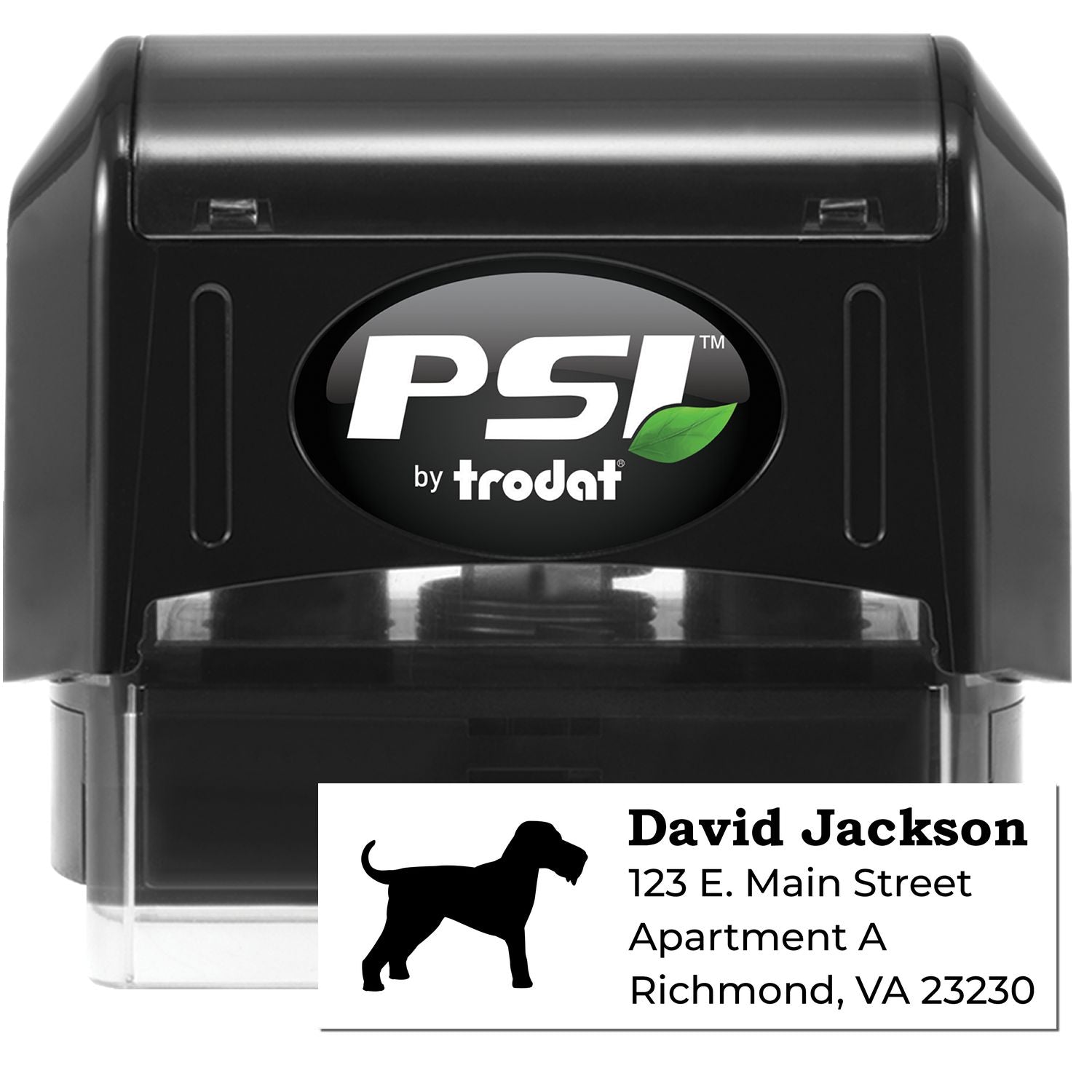 PSI Pre-Inked Personalized Airedale Terrier Address Stamp featuring a black casing and a sample address with an Airedale Terrier silhouette. Perfect for adding a personal touch to your mail.