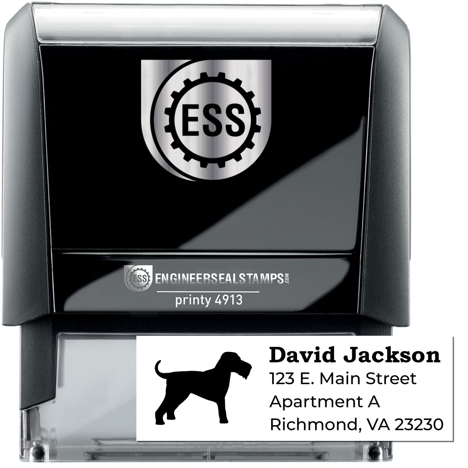 Self-Inking Airedale Terrier Dog Address Stamp with a black silhouette of a dog. Features customizable address text below the image. Ideal for personalizing mail with ease and style.