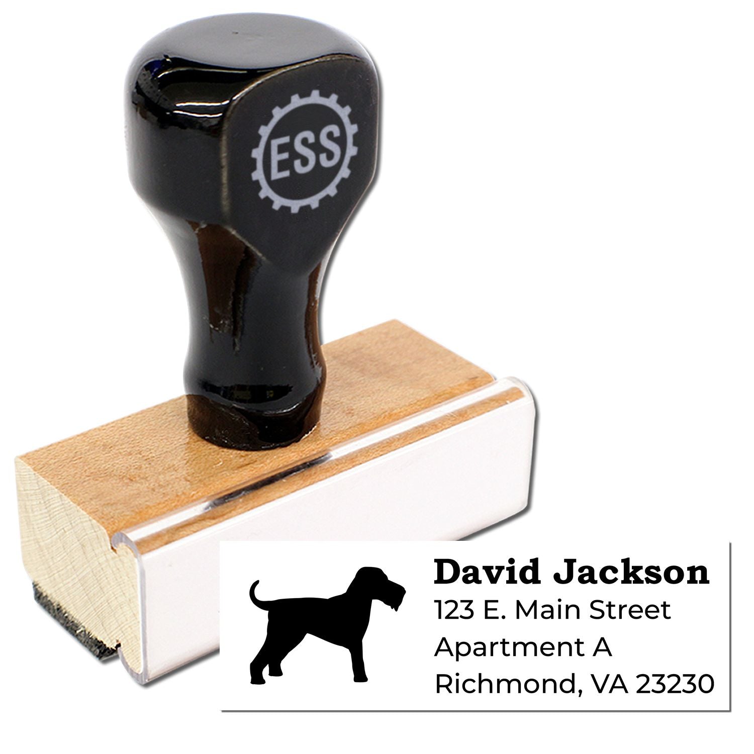 Airedale Terrier Silhouette Address Rubber Stamp with a wooden handle and black top, featuring a terrier silhouette and sample address text. Perfect for personalized mail and stationery.