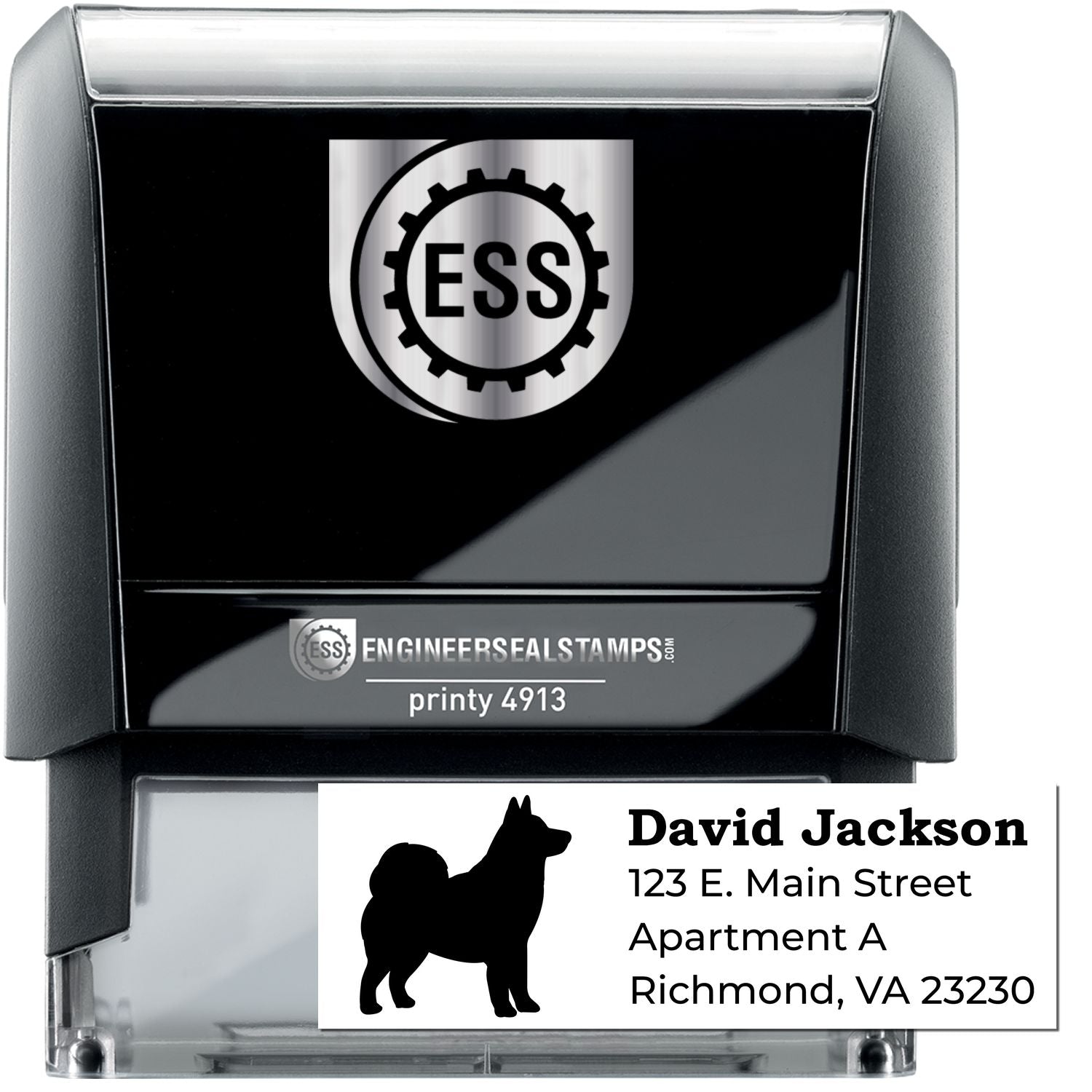 Self-Inking Alaskan Malamute Dog Address Stamp with a black silhouette of the dog. Features customizable address text. Compact design, ideal for personalizing mail with ease.