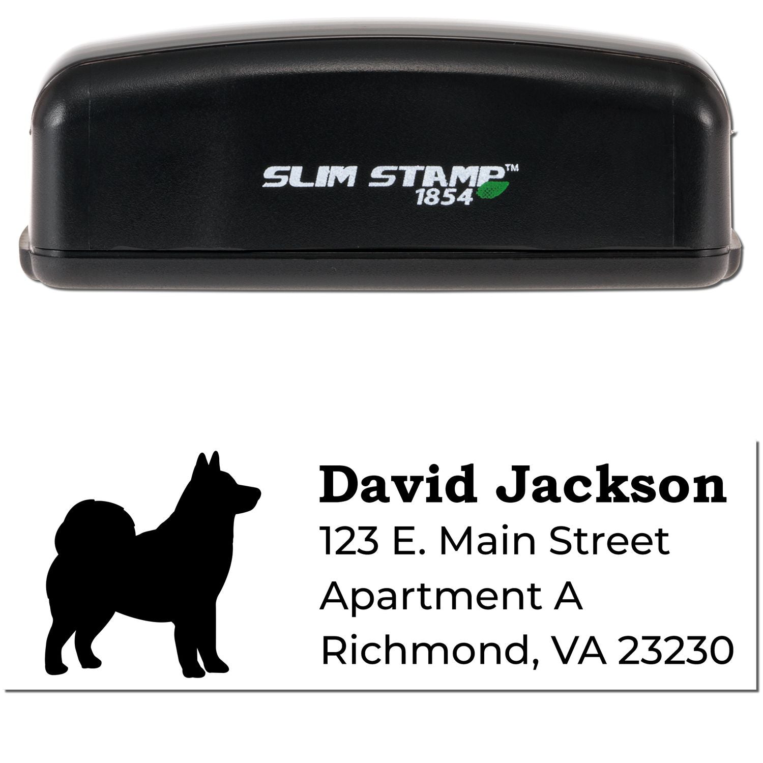 Slim Pre-Inked Alaskan Malamute Address Stamp with a black casing. Features a silhouette of an Alaskan Malamute and sample address text. Compact design for efficient stamping.